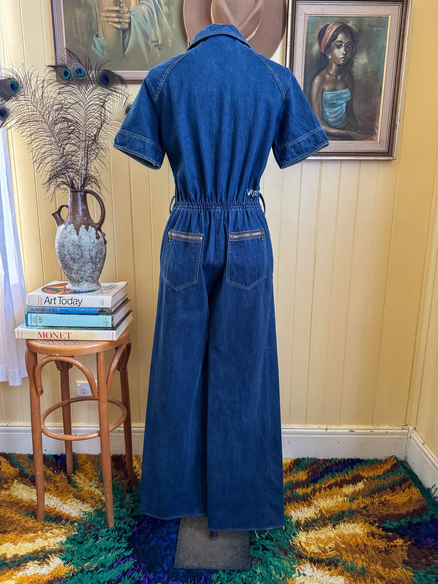 VINTAGE 1970S VADIM AUSTRALIAN COTTON DENIM WIDE LEG JUMPSUIT S/M