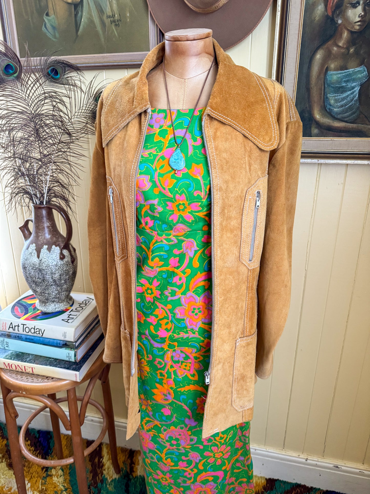 VINTAGE 1970S RAGE MUSTARD SUEDE LEATHER OVERSIZED COLLAR TAILORED JACKET L