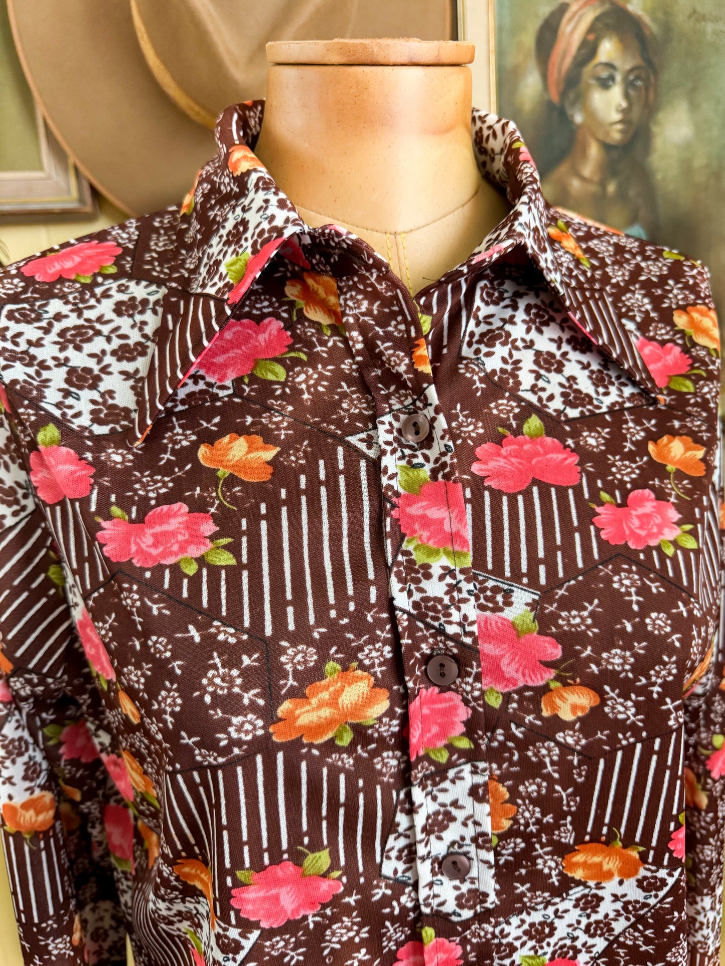 VINTAGE 1970S KOREAN LUCKY PIERRE FLORAL PRINT POLY BODY SHIRT M