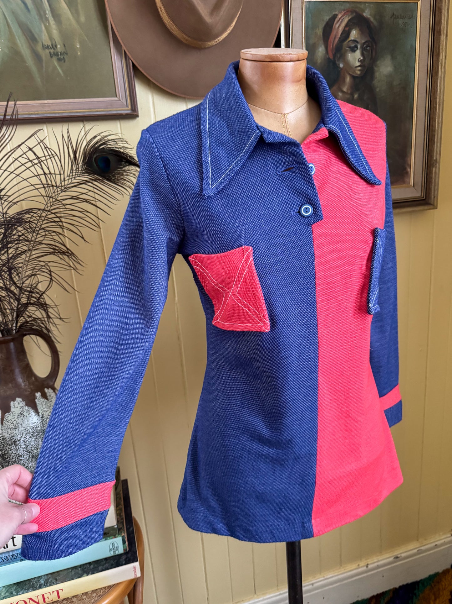 VINTAGE 1960S JULIAN HAYE COLOUR BLOCK COLLARED TUNIC TOP S