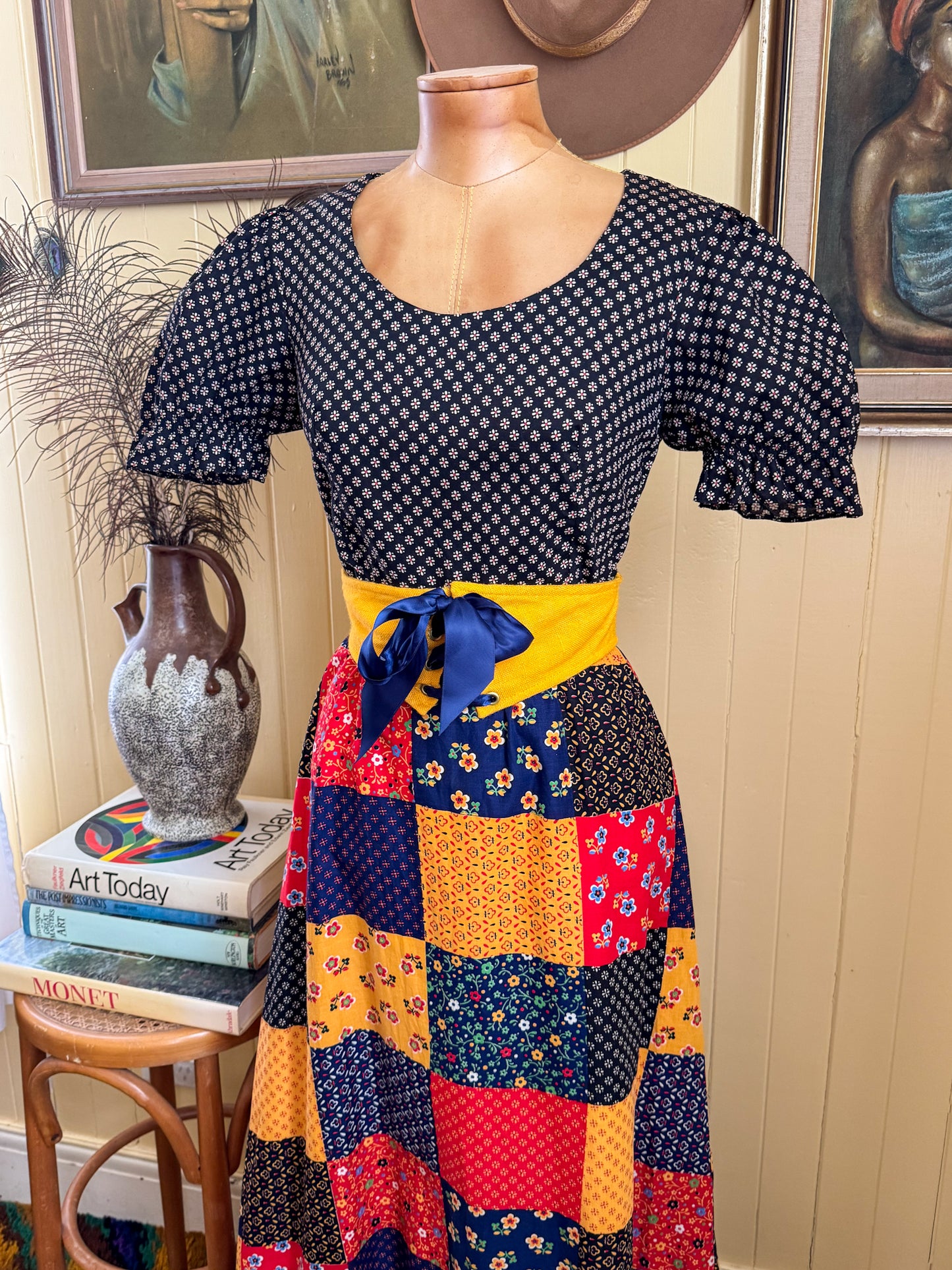 VINTAGE 1970S BINDI OF MELBOURNE COTTON PATCHWORK MAXI PRAIRIE DRESS XS/S