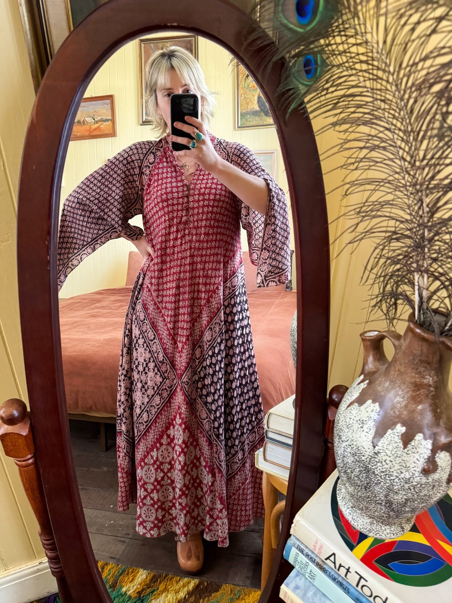 VINTAGE 1960S INDIA IMPORTS COTTON GAUZE BLOCK PRINT MAXI KAFTAN DRESS ONE SIZE