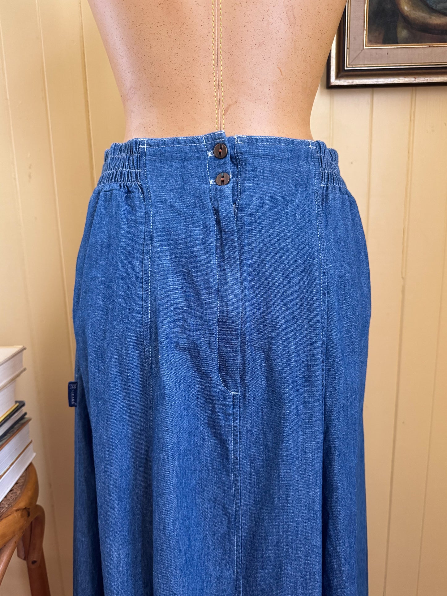 VINTAGE 1980S JAG DENIM HIGH WAISTED YOKE PLEATED MAXI SKIRT S