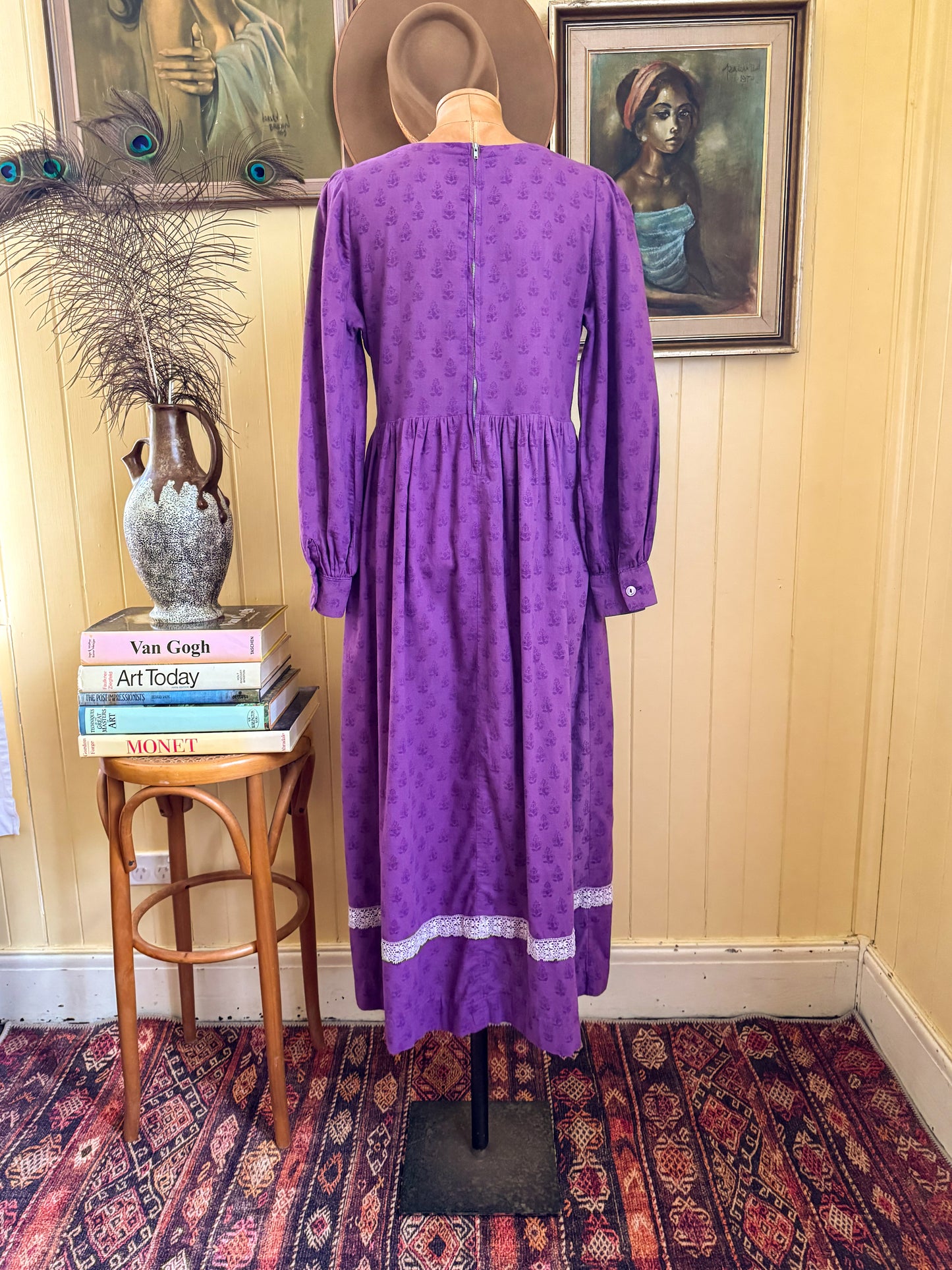 VINTAGE 1970S LAURA ASHLEY WALES COTTON PRAIRIE MODIFIED MIDI DRESS M