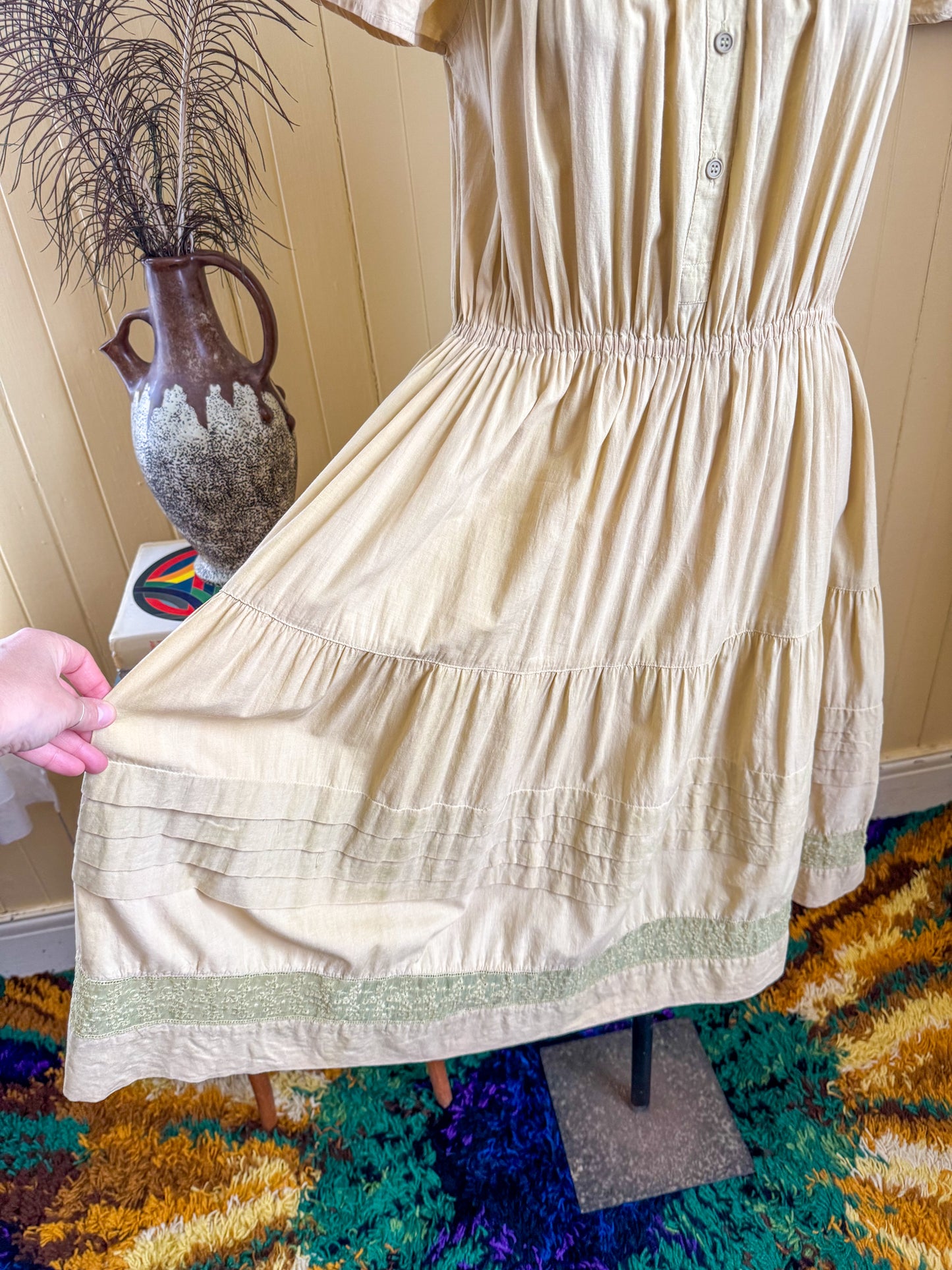 VINTAGE 1970S INDIAN COTTON LACE INSERT MIDI BUTTON DRESS S/M