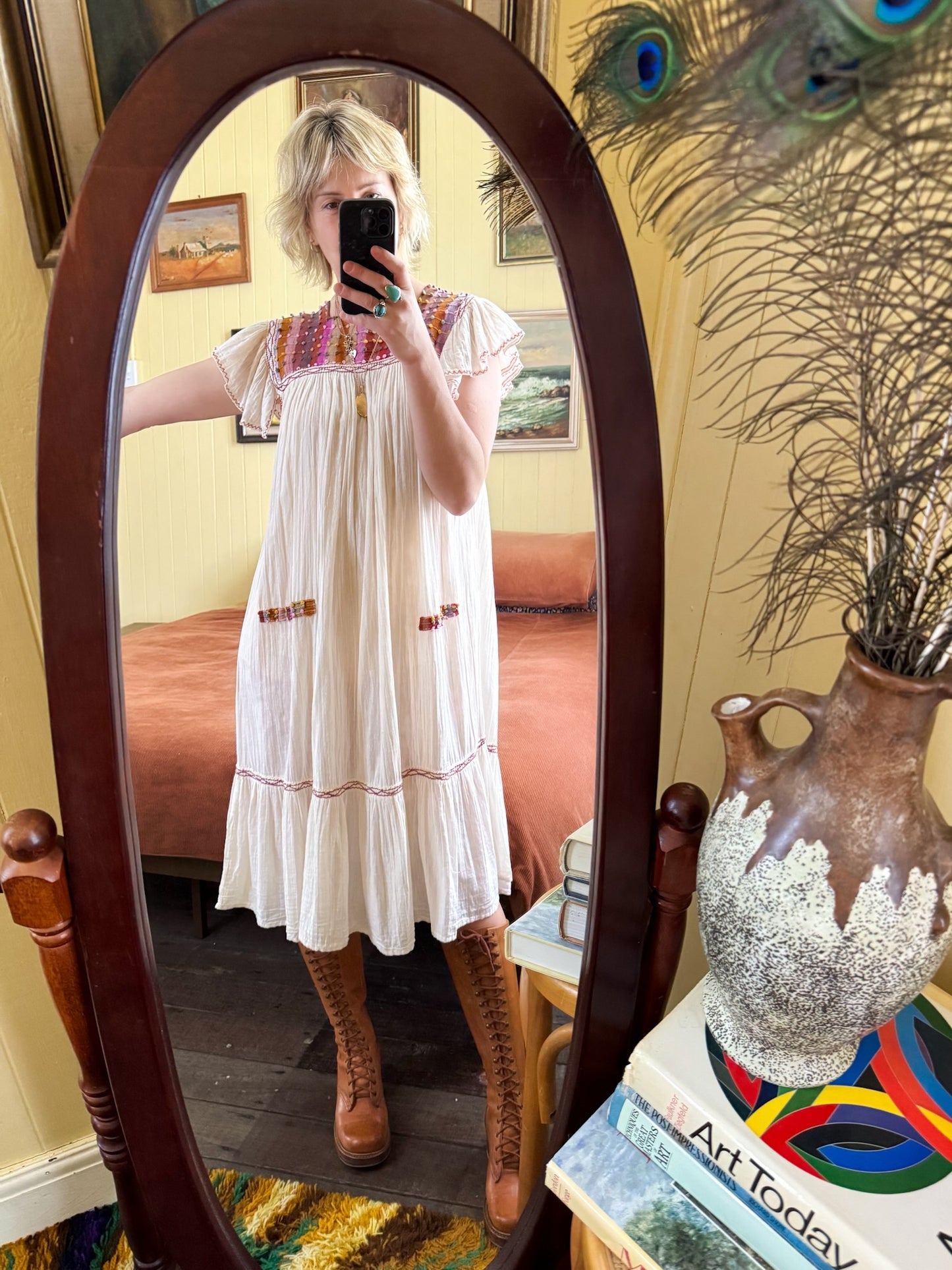 VINTAGE 1970S COTTON CHEESECLOTH EMBROIDERED MIDI SUNDRESS S/M/L