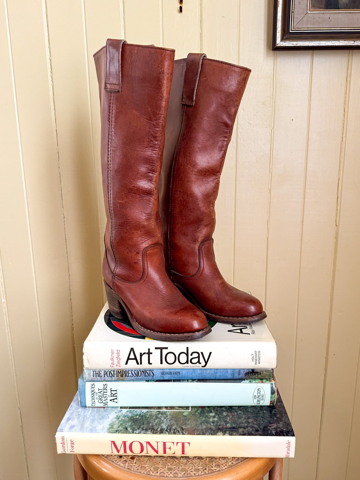 VINTAGE ROMANIAN CAMPUS CHESTNUT LEATHER BLOCK HEEL BOOTS 6.5/37.5