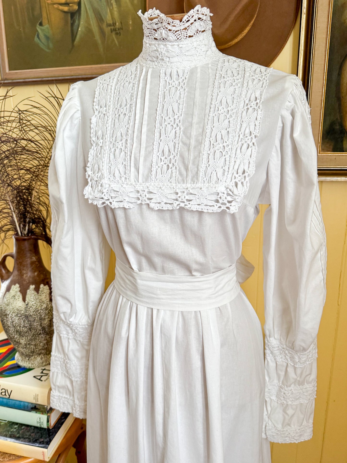 VINTAGE 1970S ENGLISH LAURA ASHLEY COTTON MAXI VICTORIANA PRAIRIE DRESS M