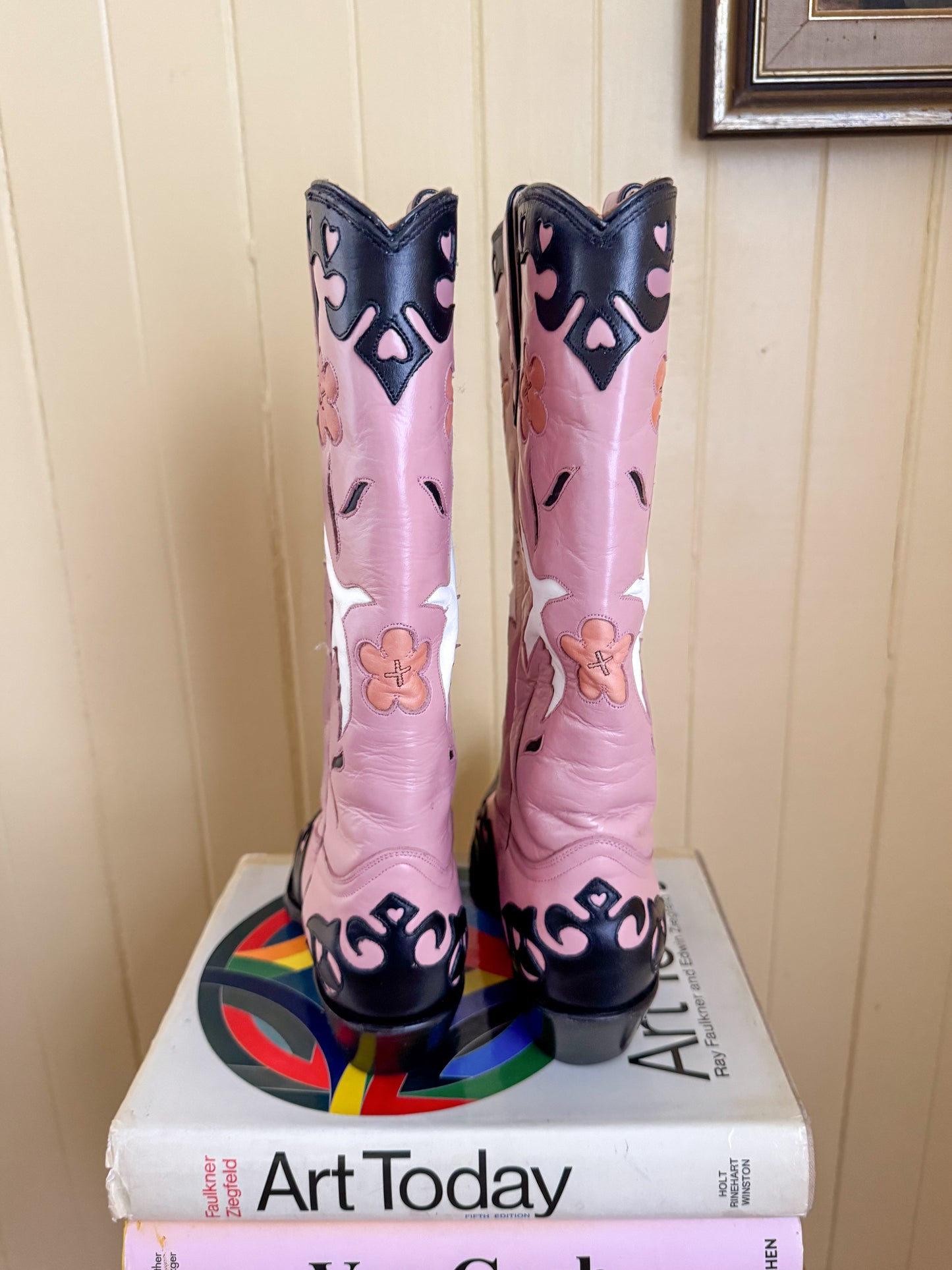 VINTAGE RARE RANCHO MEXICAN INLAY PINK LEATHER WESTERN BOOTS 7-7.5/37.5-38
