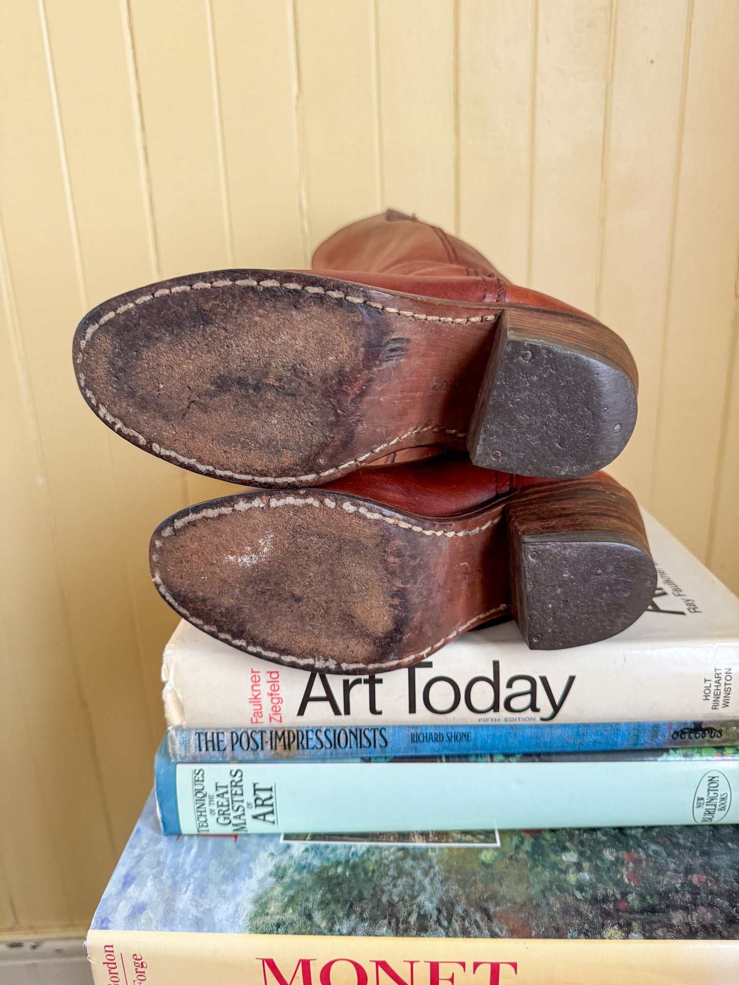 VINTAGE ROMANIAN CAMPUS CHESTNUT LEATHER BLOCK HEEL BOOTS 6.5/37.5