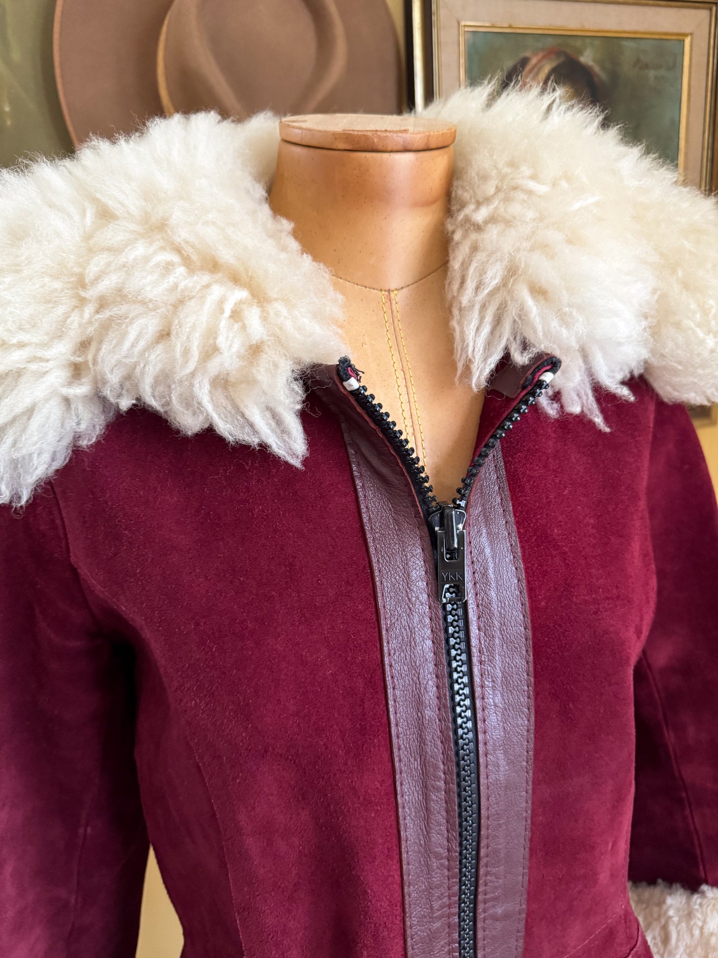 VINTAGE 1970S PLUM SUEDE LEATHER FLUFFY SHEARLING PENNY LANE JACKET S/M