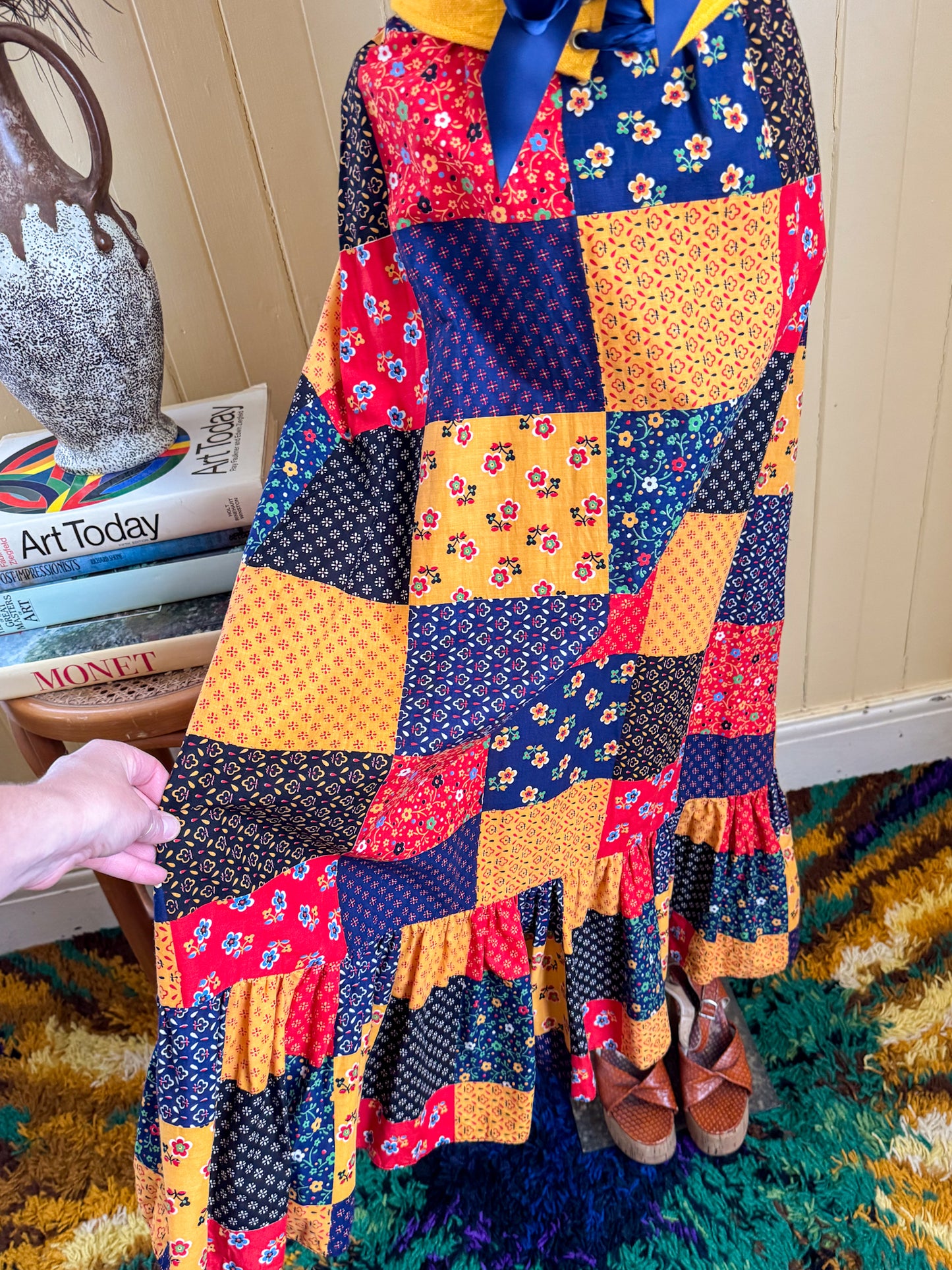 VINTAGE 1970S BINDI OF MELBOURNE COTTON PATCHWORK MAXI PRAIRIE DRESS XS/S
