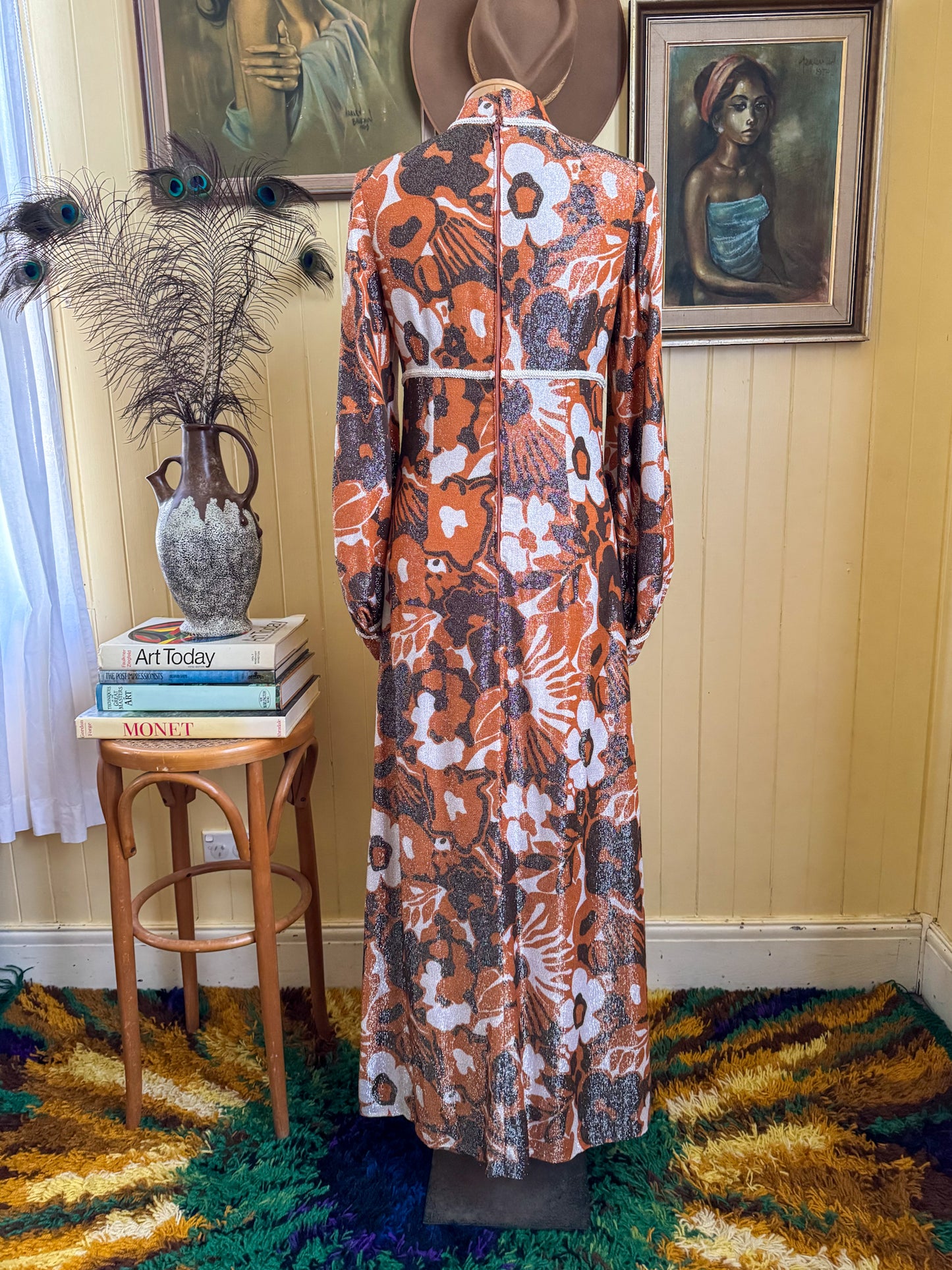 VINTAGE 1960S LUREX PSYCHEDELIC FLORAL PRINT MAXI DRESS S/M