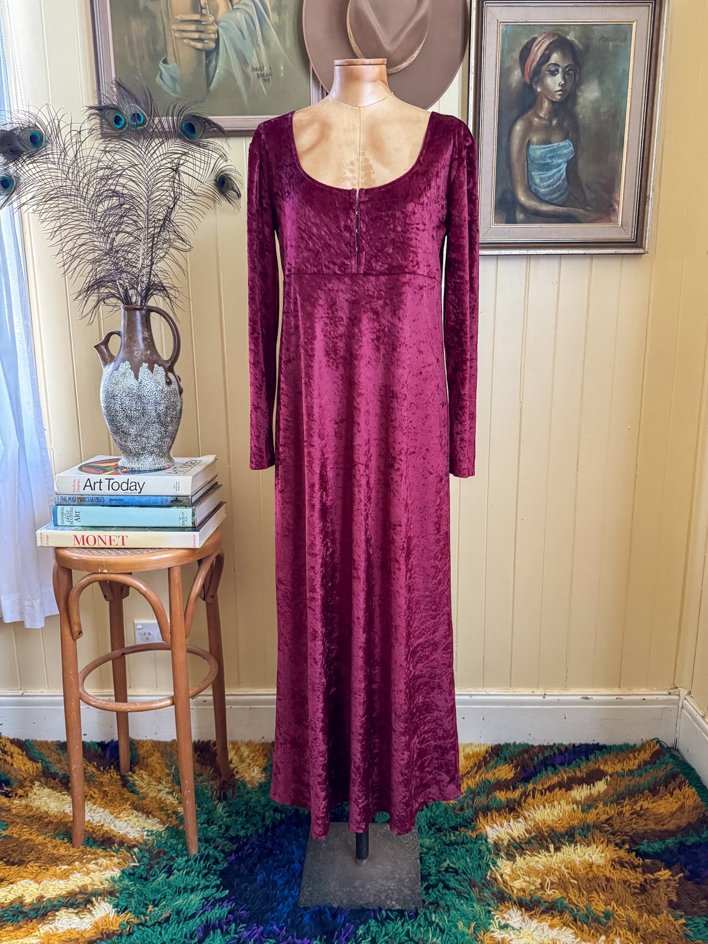 VINTAGE 1990S HOUND DOG GRUNGE VELVET SLINKY MAXI DRESS M/L