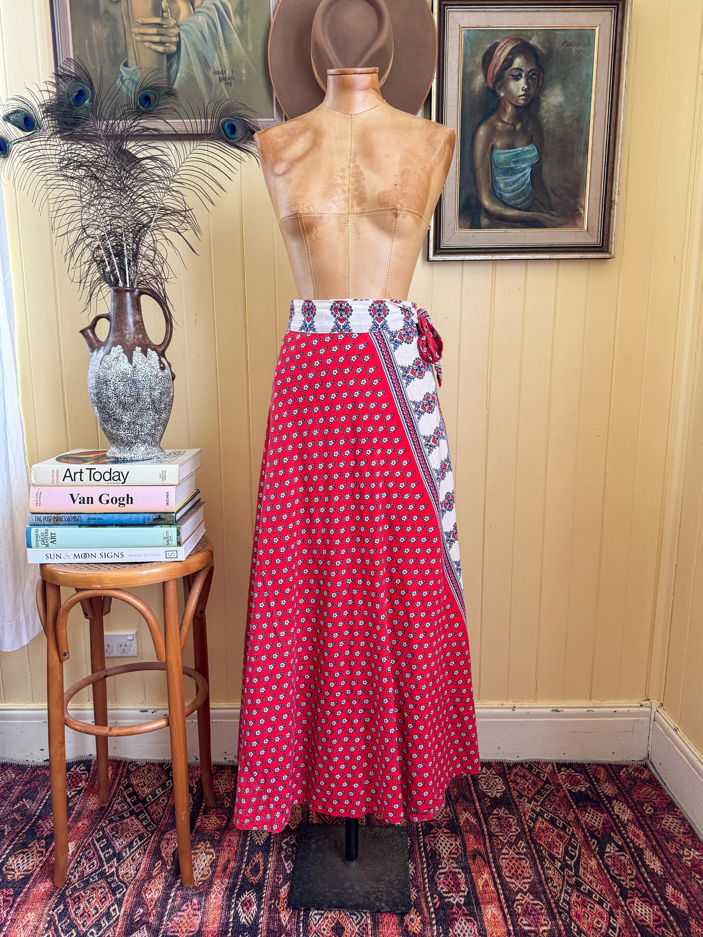VINTAGE 1970S PAKISTANI RED COTTON BLOCK PRINT WRAP MAXI SKIRT S/M
