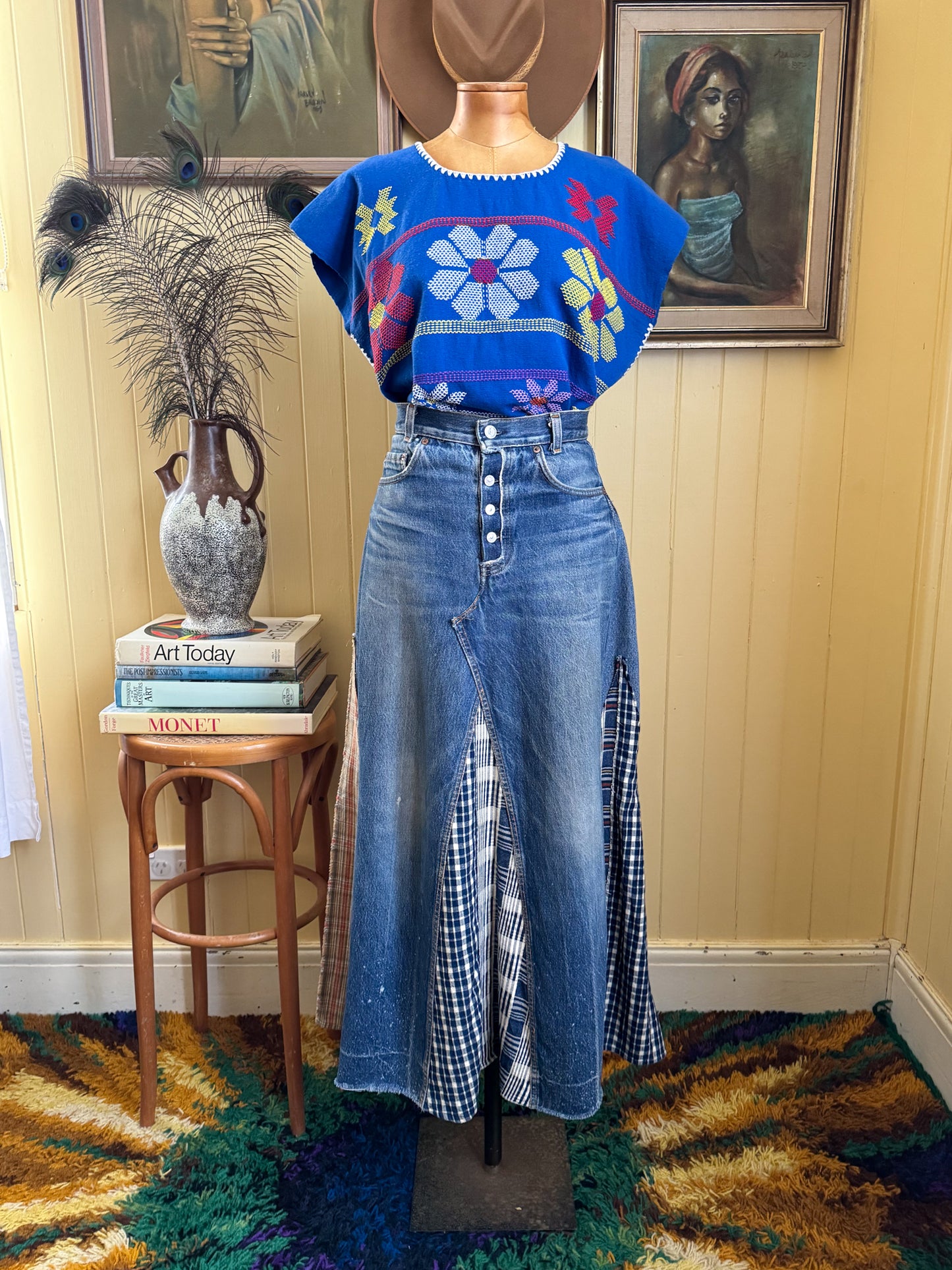 VINTAGE REWORKED LEVI’S COTTON DENIM PATCHWORK SPLICED MAXI SKIRT M