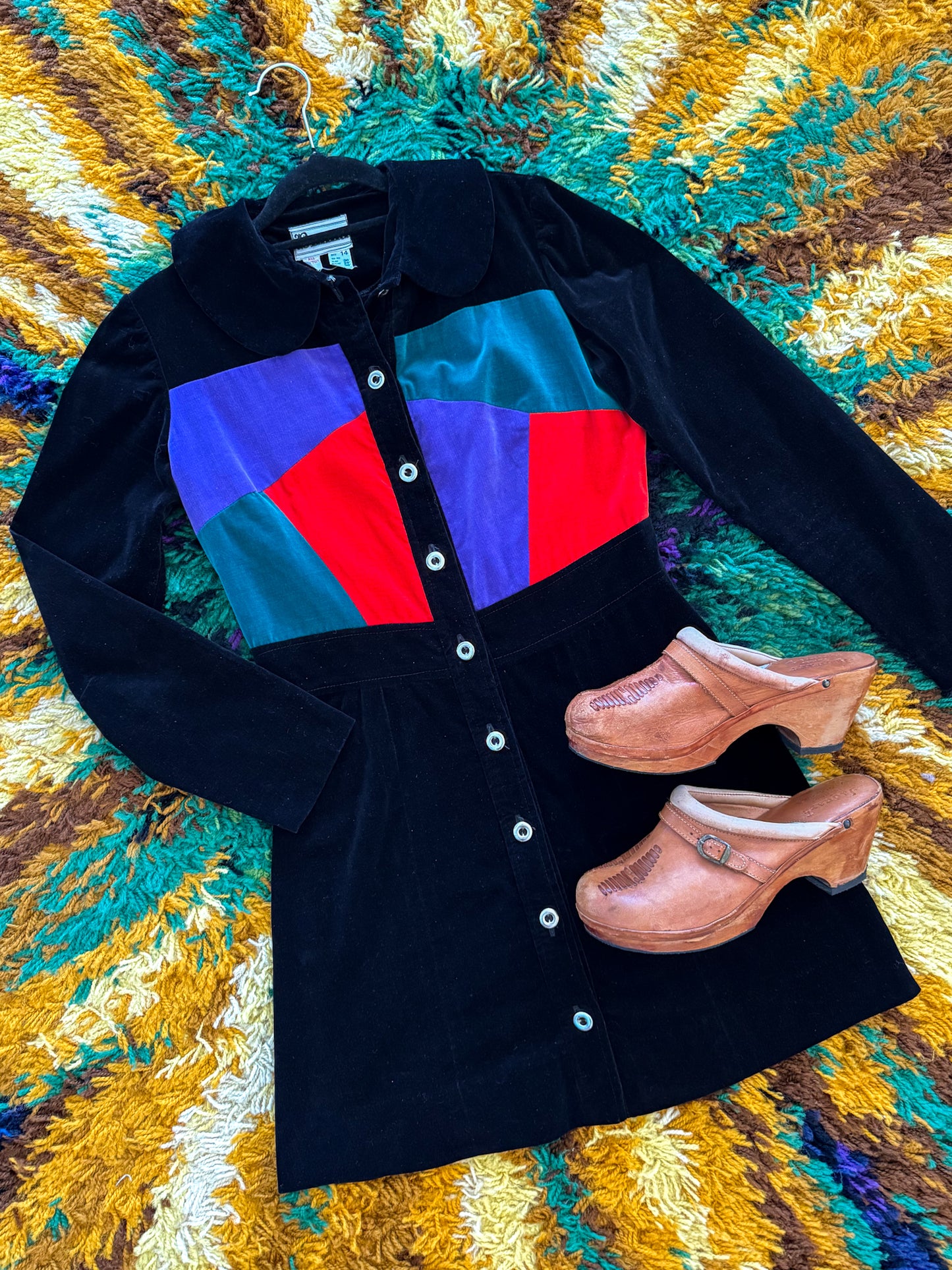 VINTAGE 1970S EMMA COTTON VELVET COLOUR BLOCK MINI DRESS S