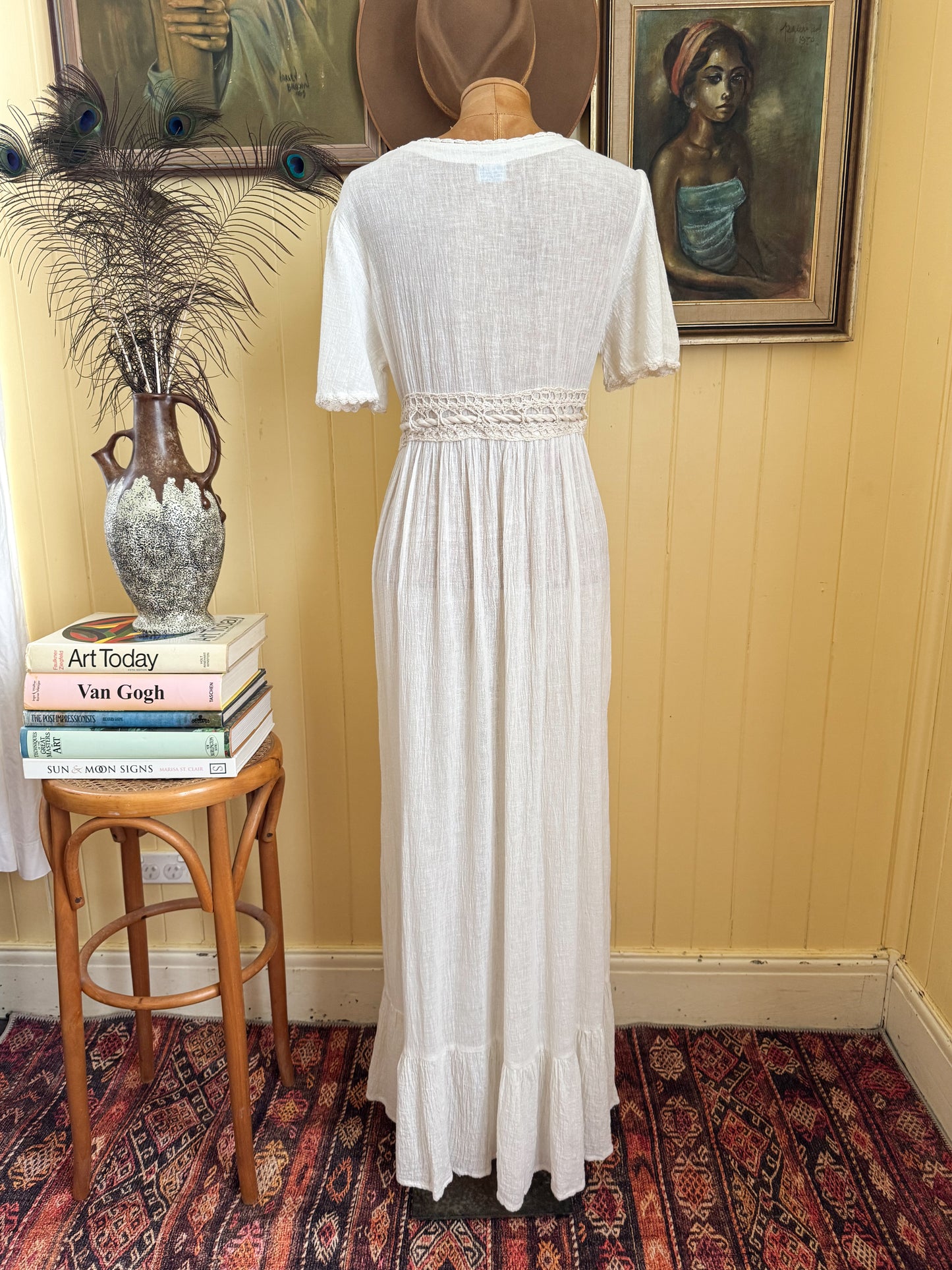 VINTAGE 1970S INDIAN COTTON CHEESECLOTH CROCHET MAXI DRESS S/M