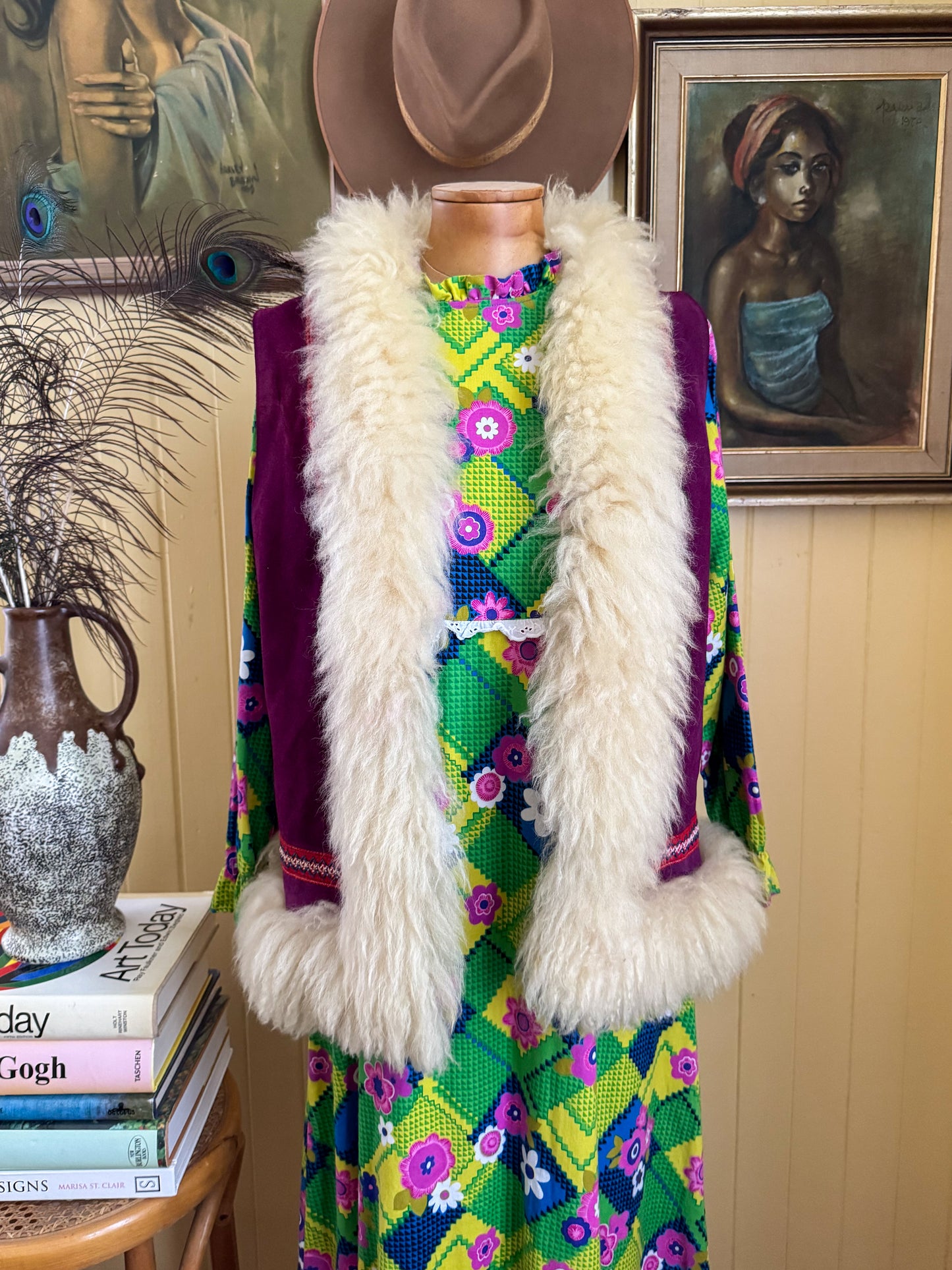 VINTAGE 1970S PURPLE SUEDE LEATHER PENNY LANE SHEARLING VEST S/M