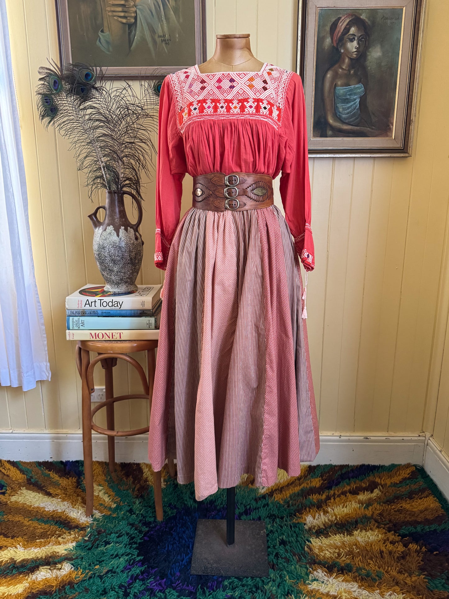 VINTAGE 1970S PRUE ACTON COTTON SPLICED PRINT PEASANT MIDI SKIRT XS
