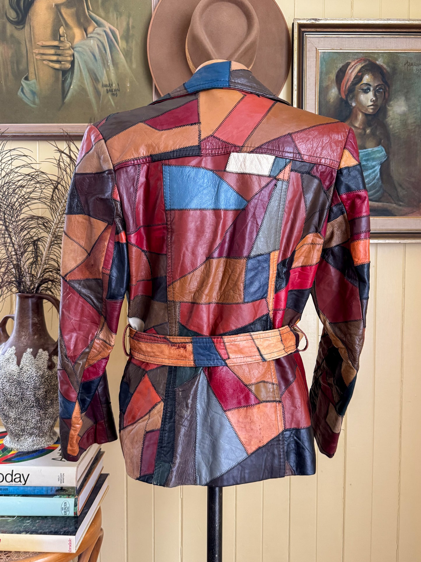 VINTAGE 1970S KOREAN PATCHWORK LEATHER SAFARI BELTED JACKET M