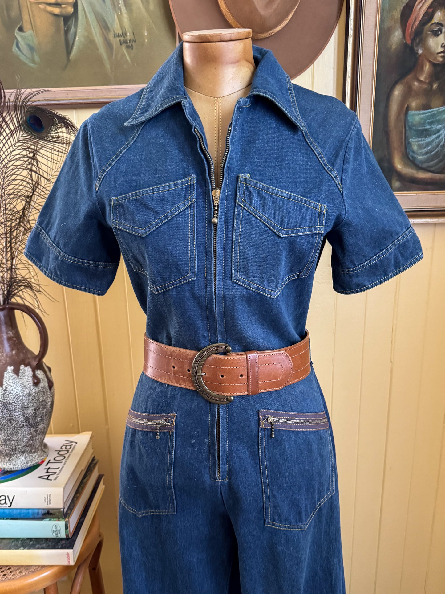 VINTAGE 1970S VADIM AUSTRALIAN COTTON DENIM WIDE LEG JUMPSUIT S/M