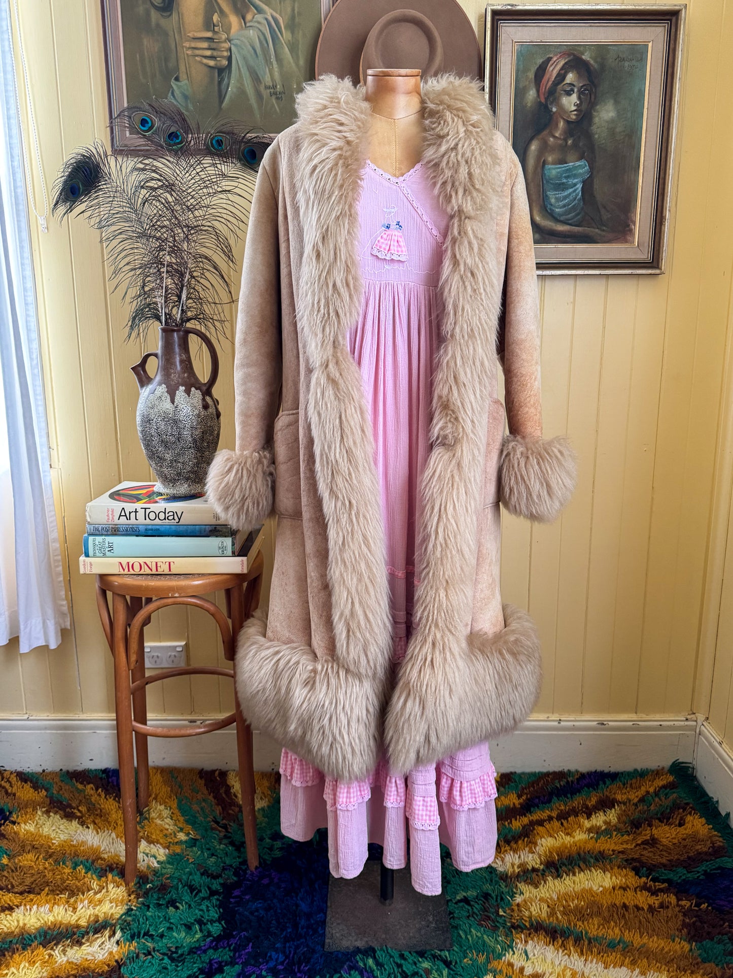 VINTAGE 1970S COTTON CHEESECLOTH GAUZE APPLIQUE RUFFLED MAXI DRESS M