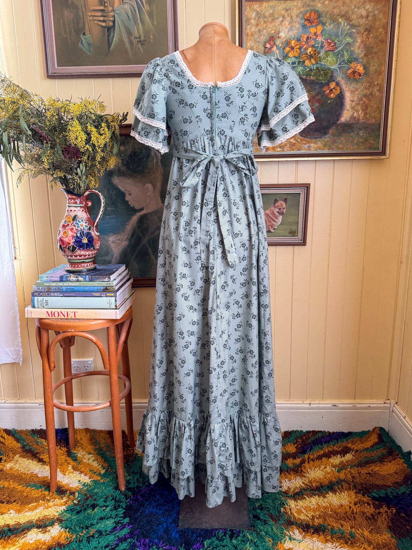 VINTAGE 1970S RARE AUSTRALIAN LAURA ASHLEY COTTON PRAIRIE MAXI DRESS XXS/XS