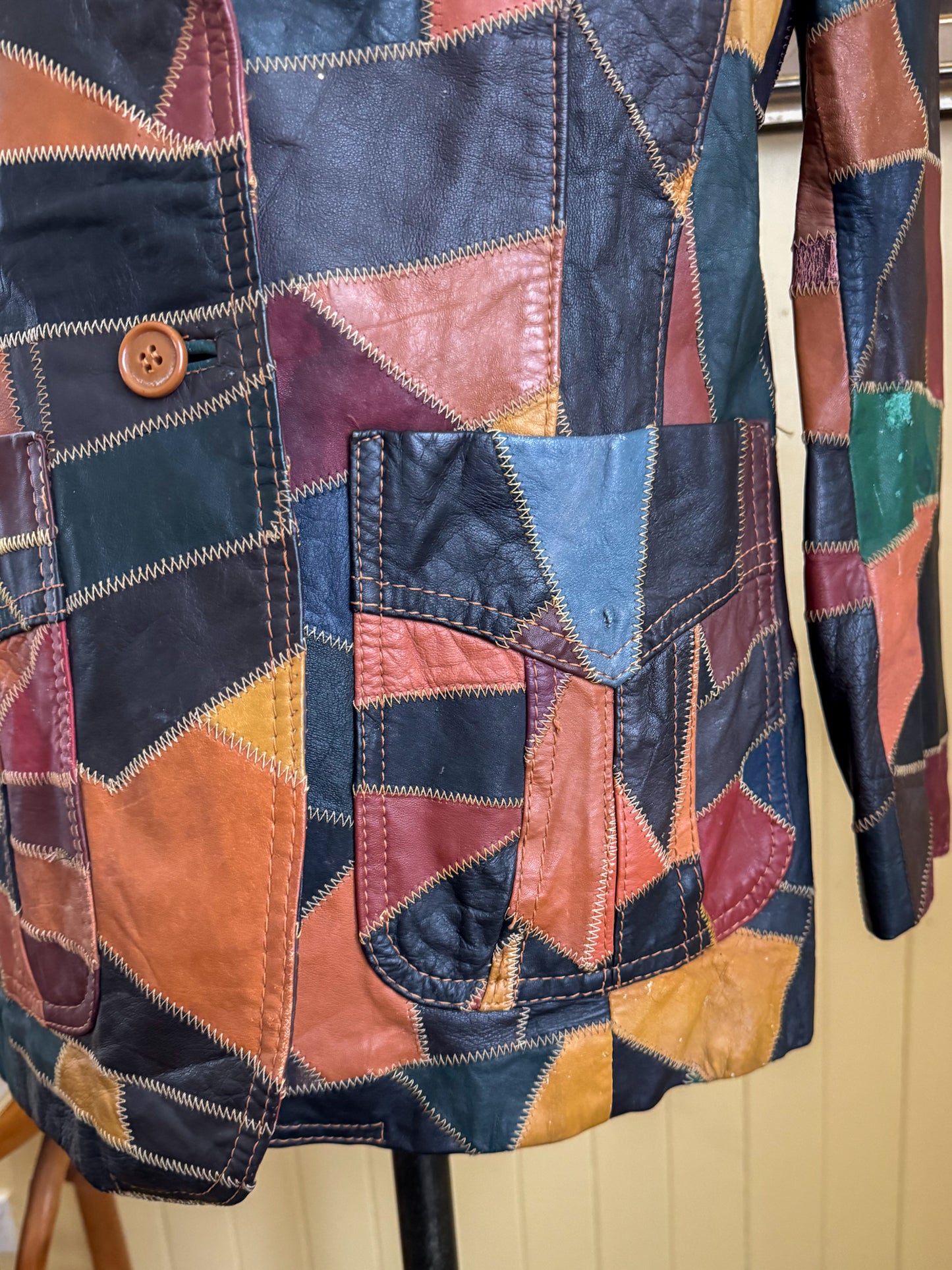 VINTAGE 1970S THE TANNERY KOREAN PATCHWORK LEATHER BLAZER JACKET M
