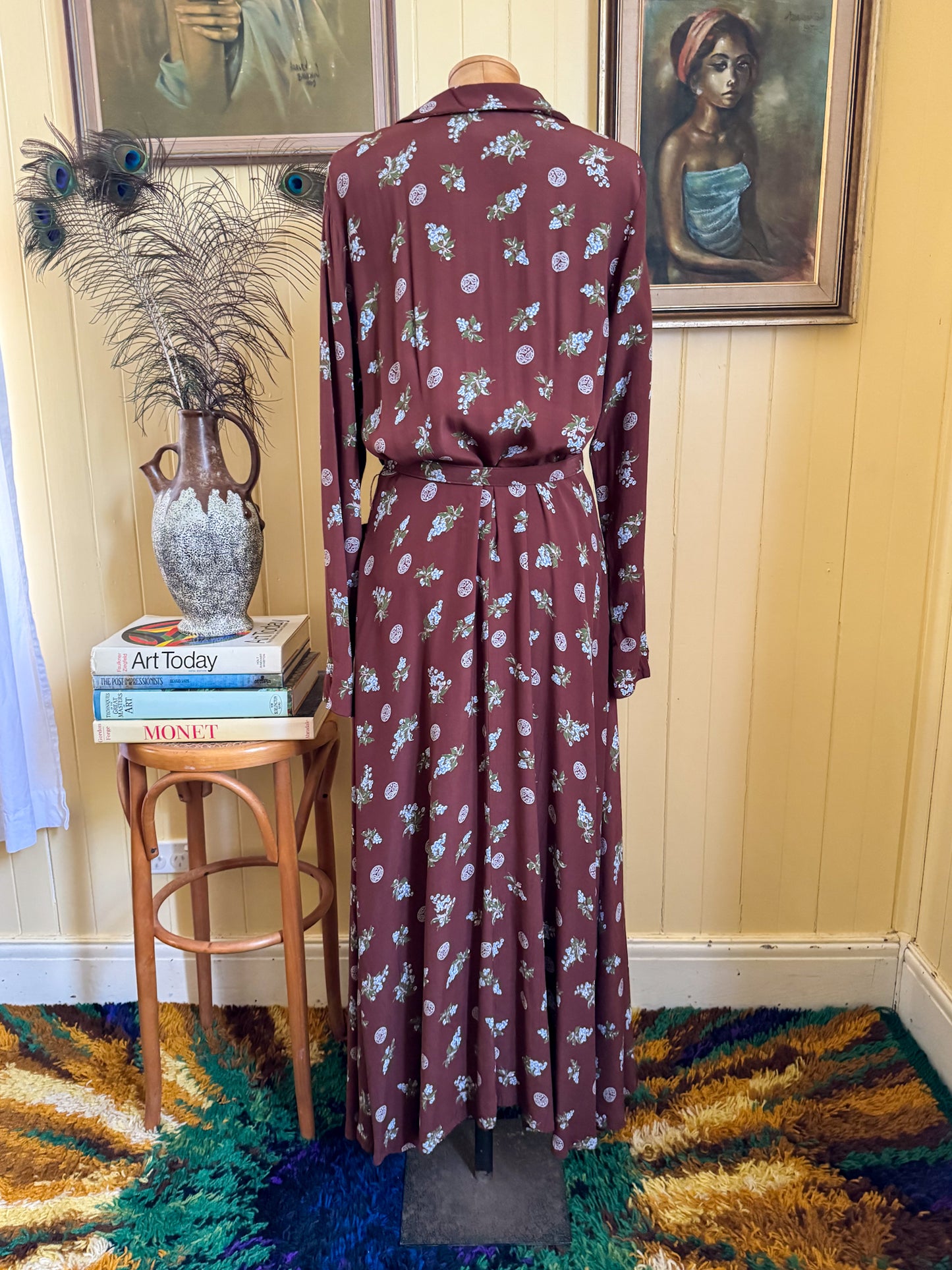 VINTAGE 1970S GAIL GARNER COLD RAYON FLORAL PRINT MAXI SHIRT DRESS M/L