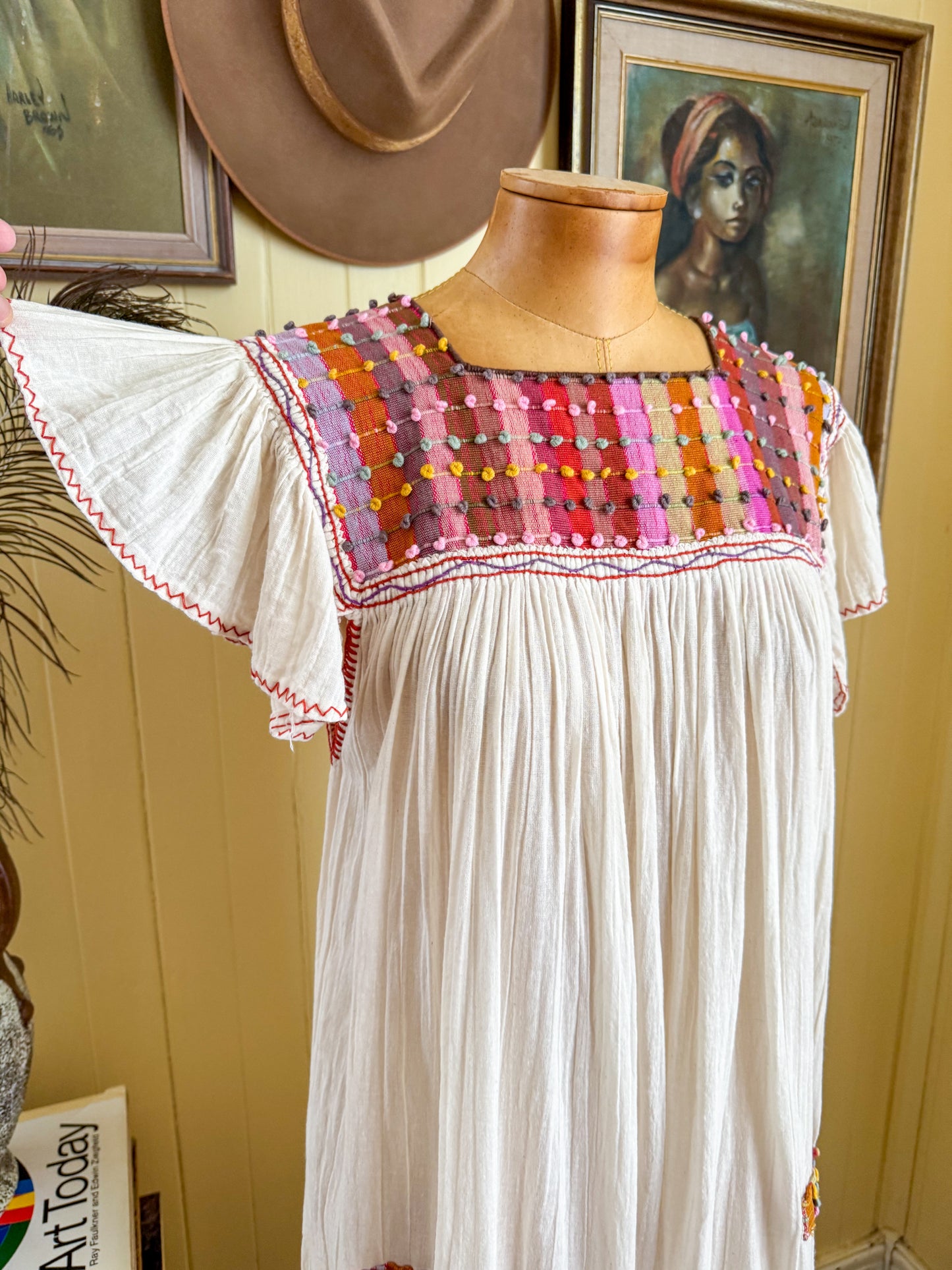 VINTAGE 1970S COTTON CHEESECLOTH EMBROIDERED MIDI SUNDRESS S/M/L