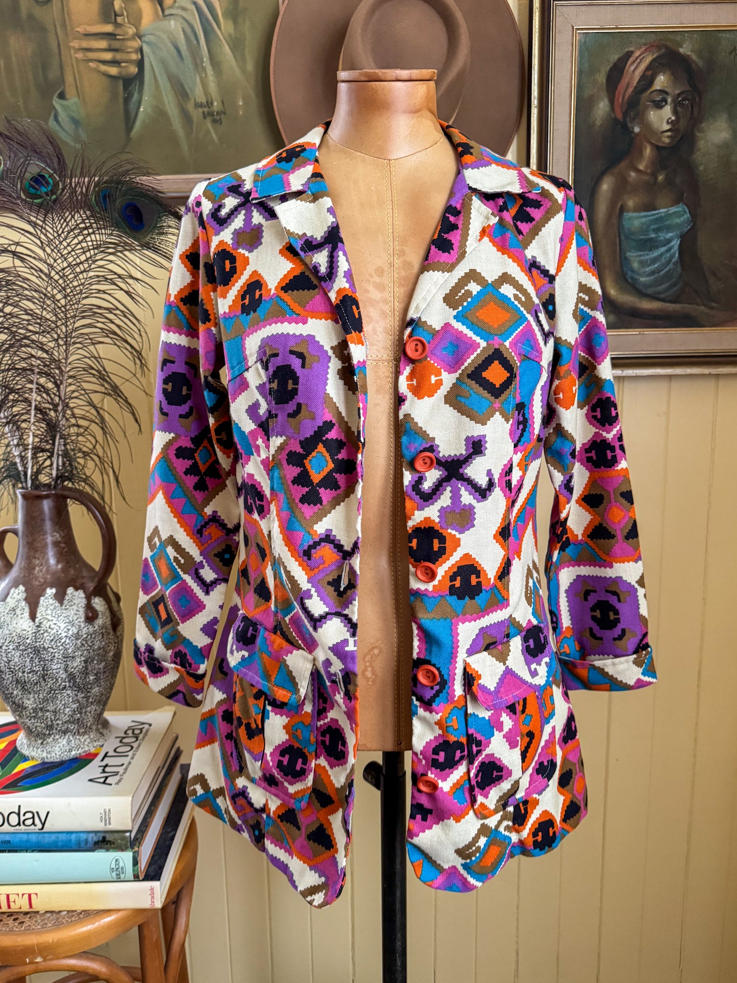 VINTAGE 1970S PSYCHEDELIC GEOMETRIC PRINT FITTED JACKET S