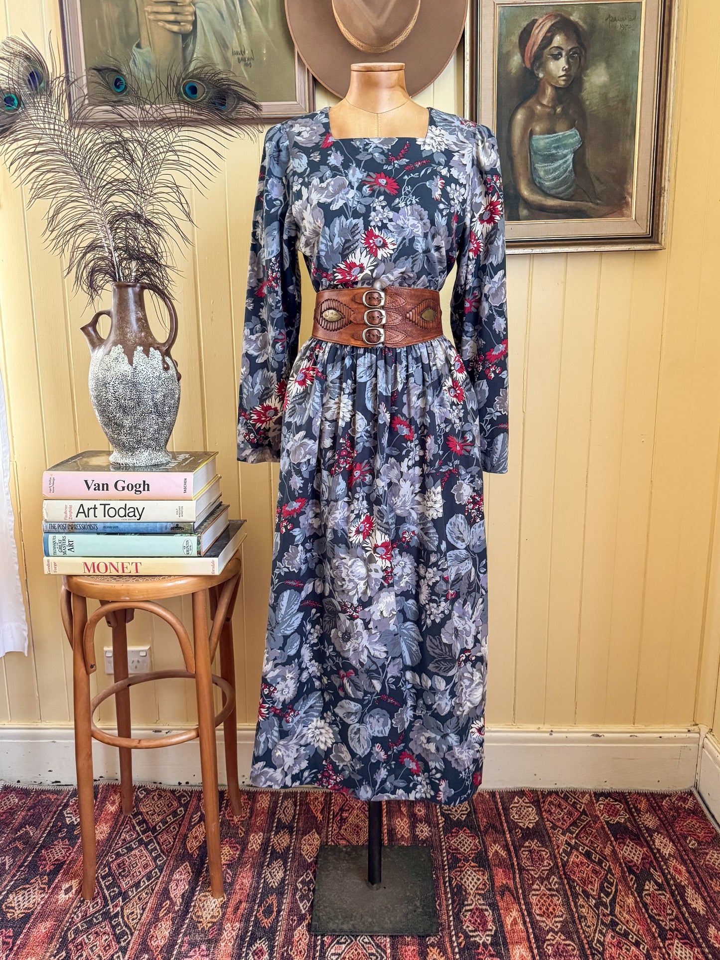 VINTAGE 1980S AUSTRALIAN LAURA ASHLEY COTTON FLORAL PRINT PRAIRIE DRESS S/M