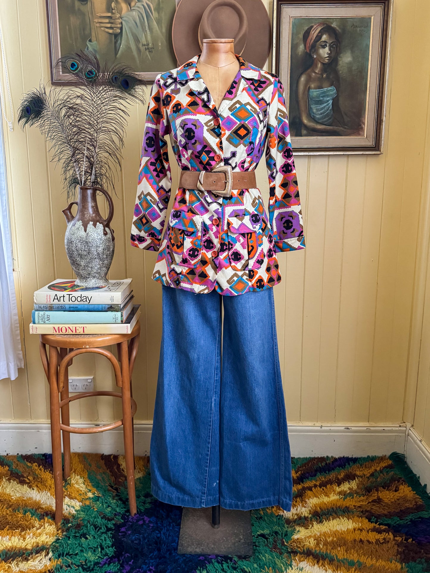 VINTAGE 1970S PSYCHEDELIC GEOMETRIC PRINT FITTED JACKET S
