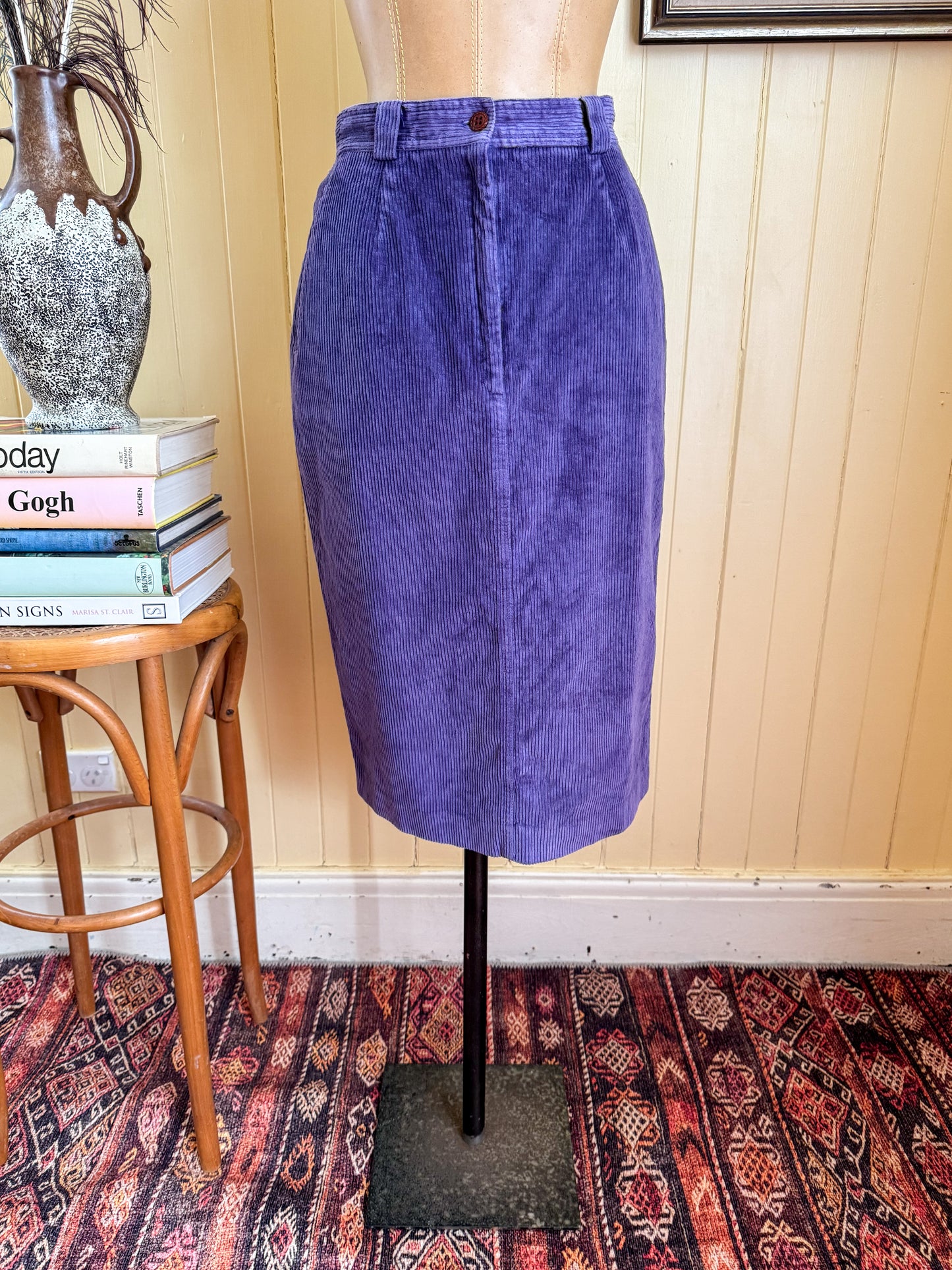 VINTAGE 1980S SPORTSCRAFT COTTON CORDUROY MIDI PENCIL SKIRT S/M