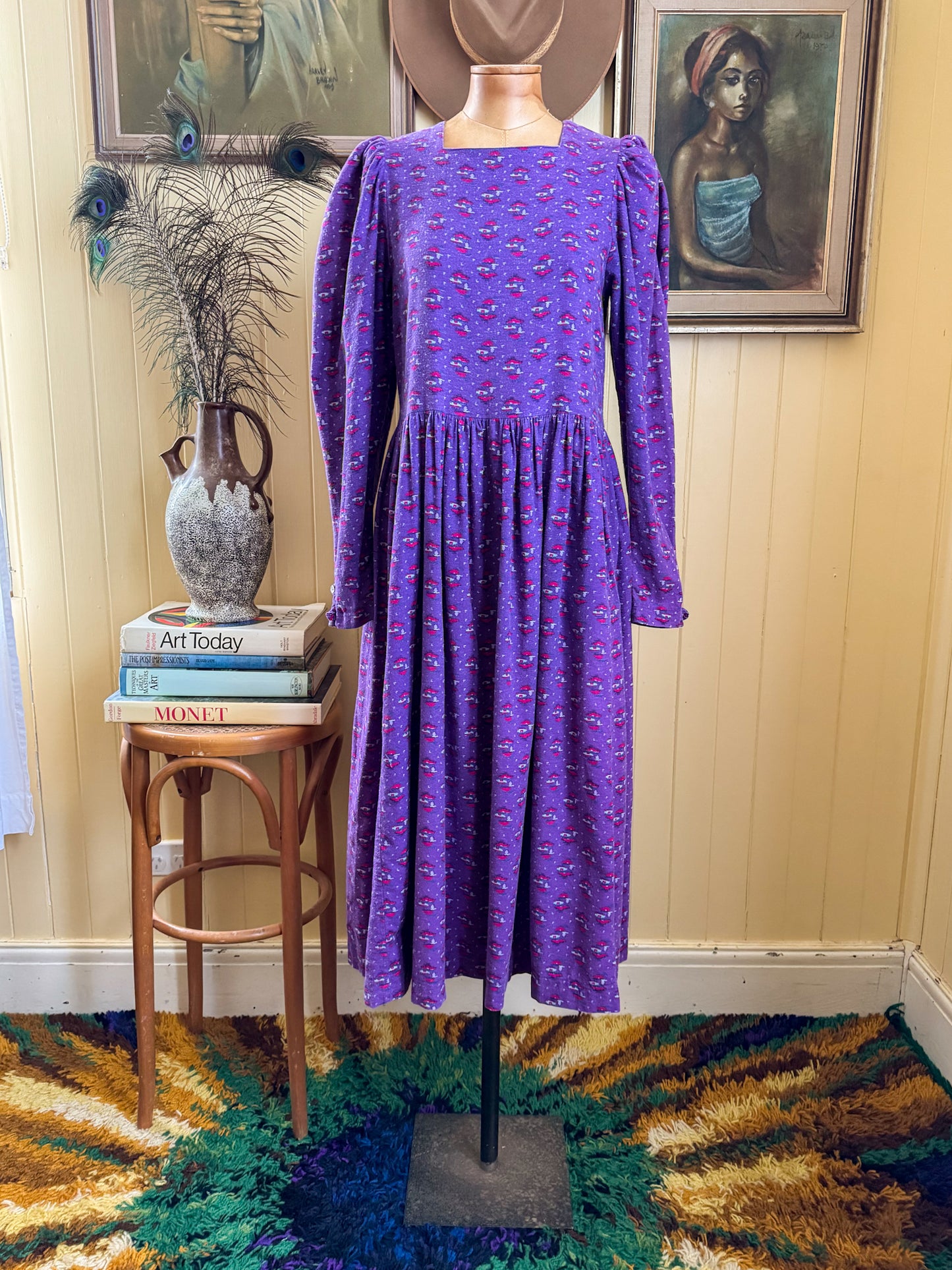 VINTAGE 1980S LAURA ASHLEY COTTON FLORAL PRINT PRAIRIE DRESS S/M