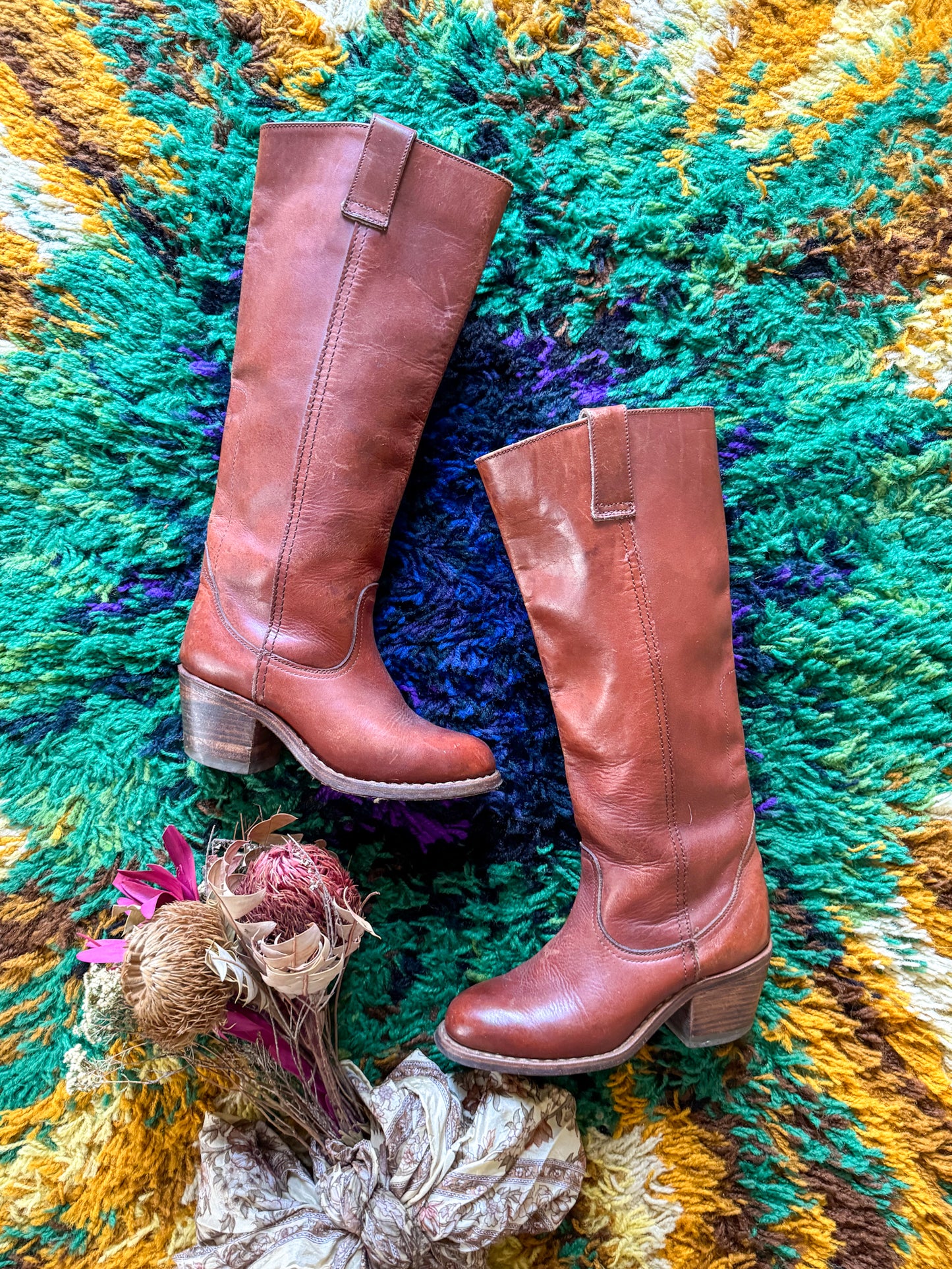 VINTAGE ROMANIAN CAMPUS CHESTNUT LEATHER BLOCK HEEL BOOTS 6.5/37.5
