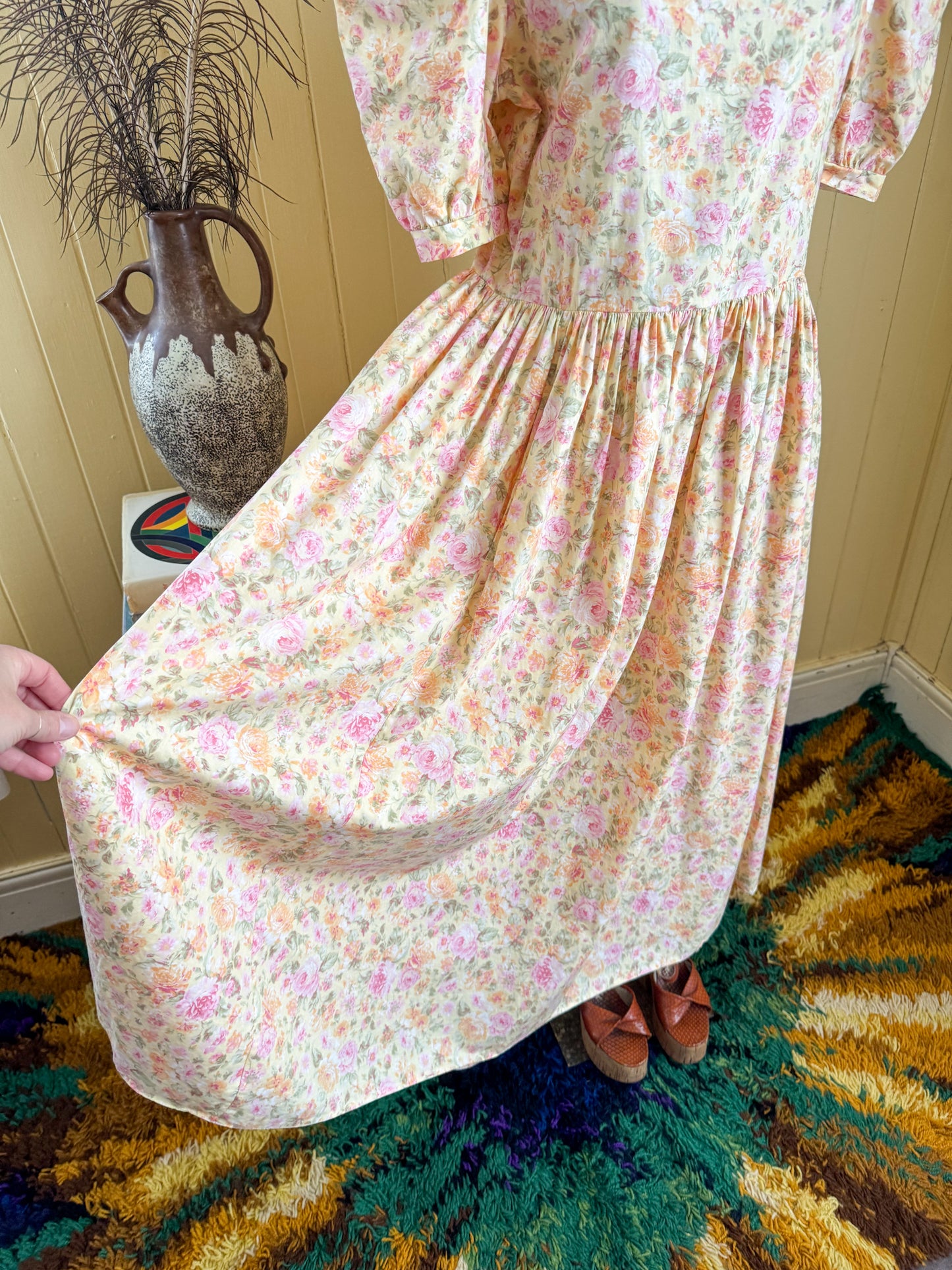 VINTAGE 1990S LAURA ASHLEY COTTON FLORAL PRINT PRAIRIE DRESS M/L