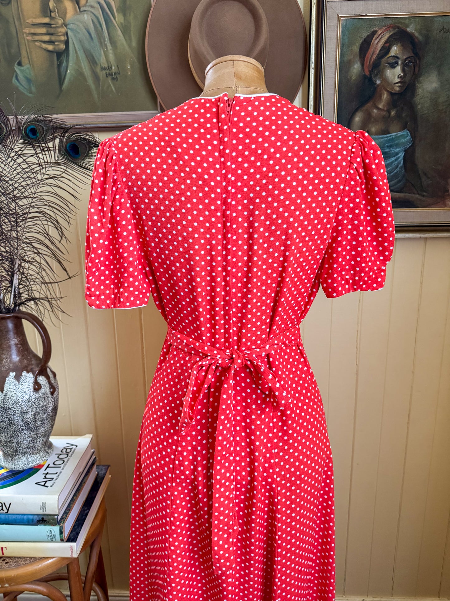 VINTAGE 1970S I-SPY POLY RED POLKA DOT PRINT MAXI DRESS S
