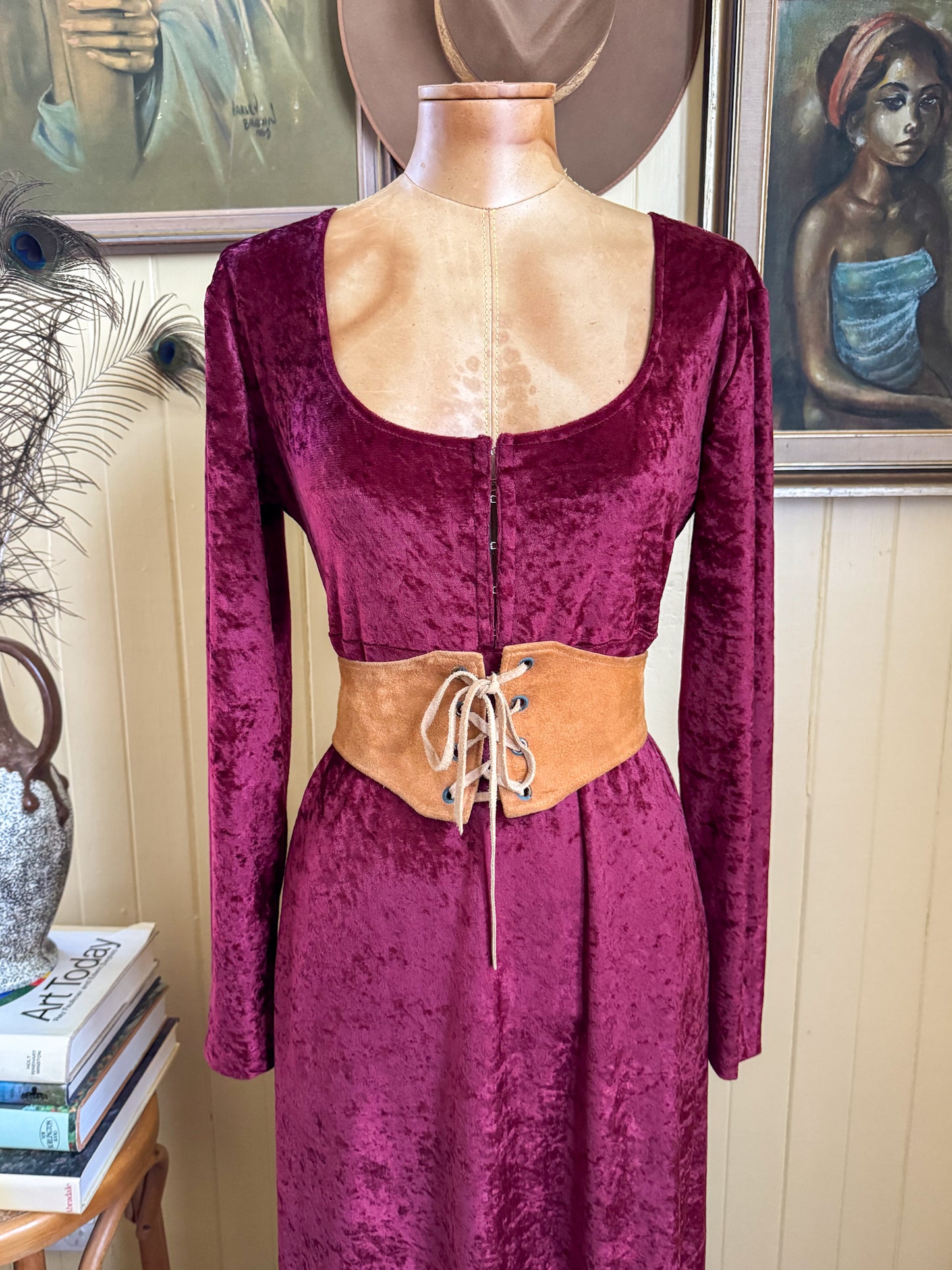VINTAGE 1990S HOUND DOG GRUNGE VELVET SLINKY MAXI DRESS M/L