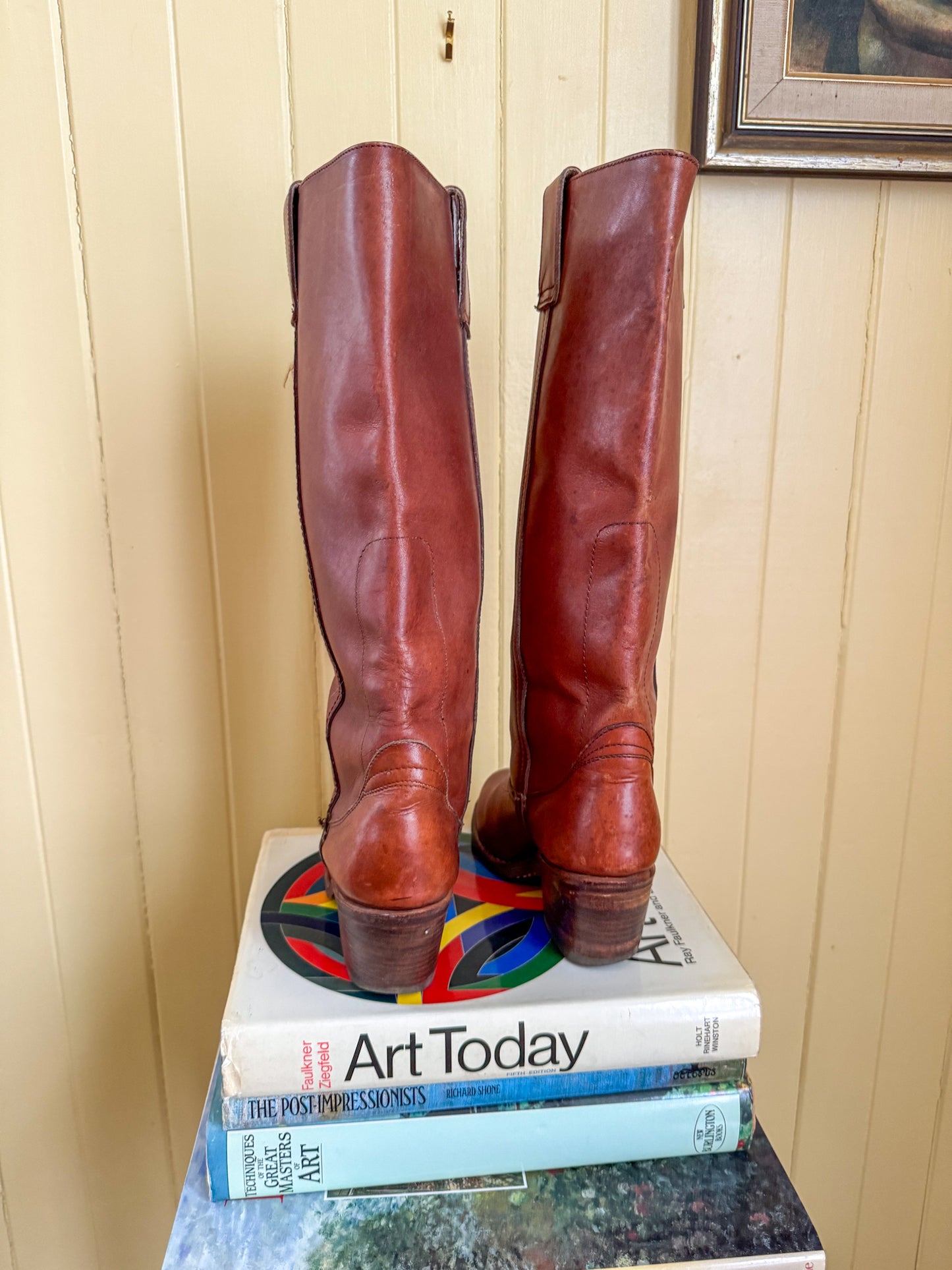 VINTAGE ROMANIAN CAMPUS CHESTNUT LEATHER BLOCK HEEL BOOTS 6.5/37.5
