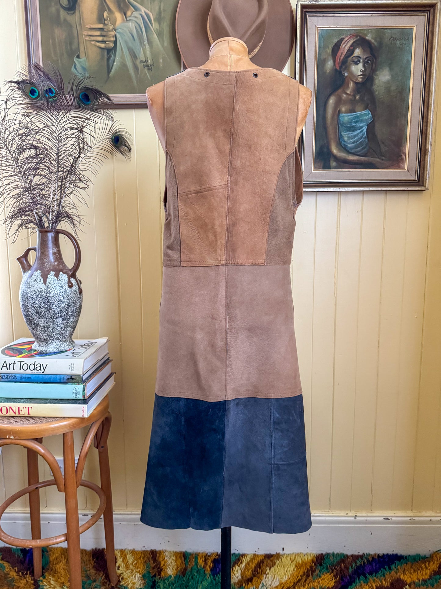 VINTAGE 1970S SUEDE LEATHER TWO TONE LACE UP LONGLINE WAISTCOAT VEST S