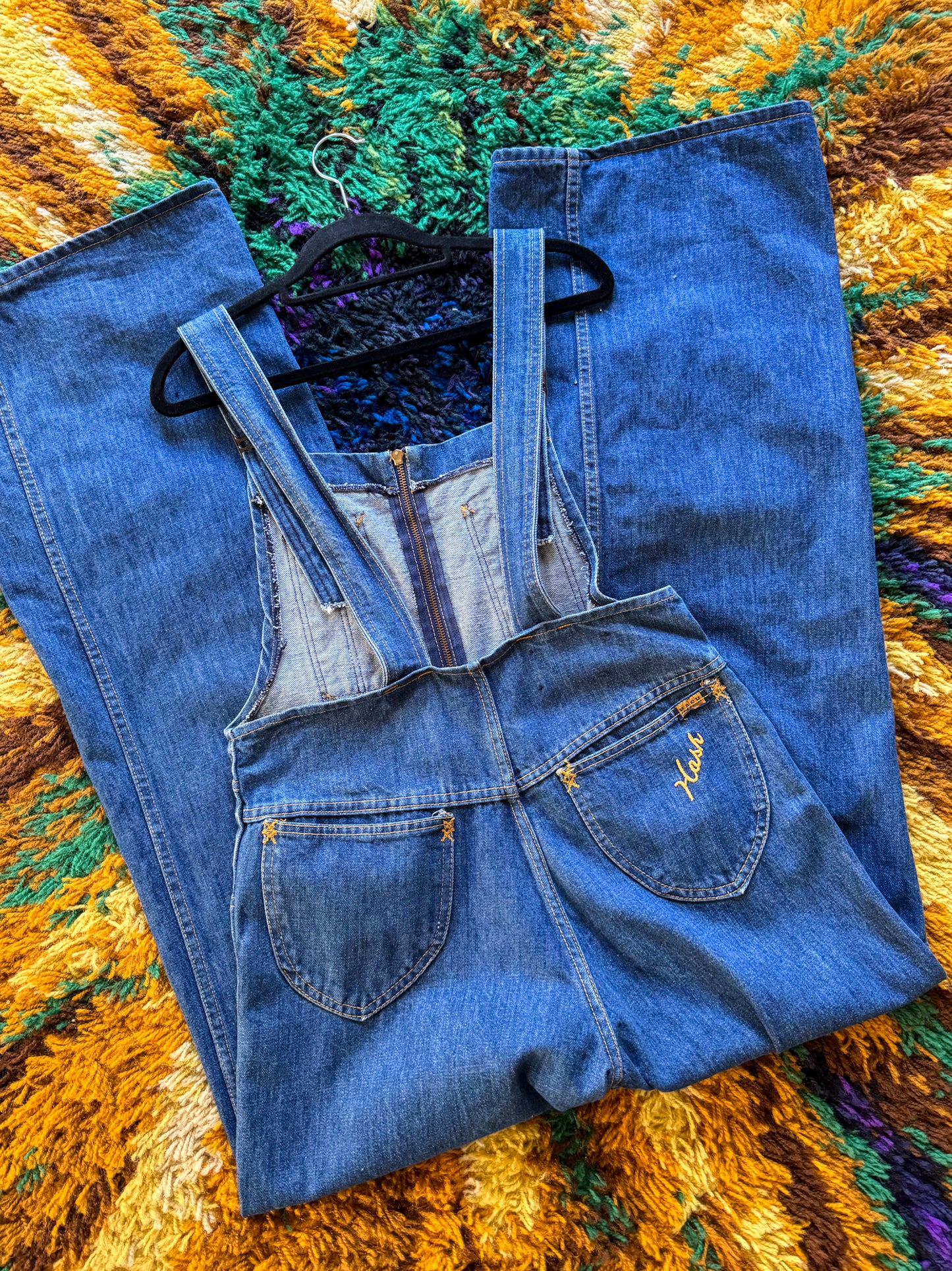 VINTAGE 1970S HASH COTTON DENIM WIDE LEG DUNGAREES OVERALLS M