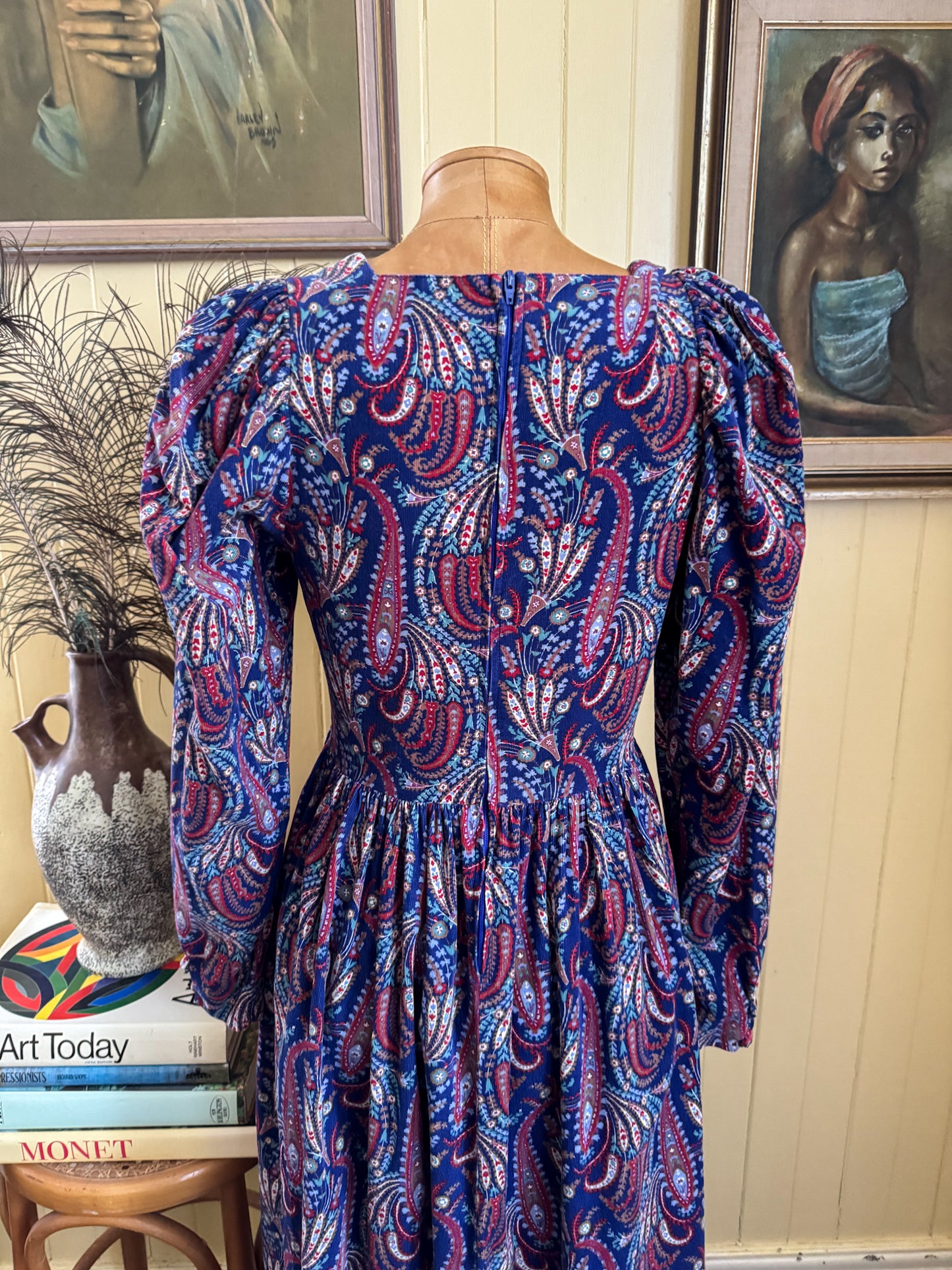 VINTAGE 1980S ENGLISH LAURA ASHLEY COTTON CORDUROY PAISLEY PRAIRIE DRESS S
