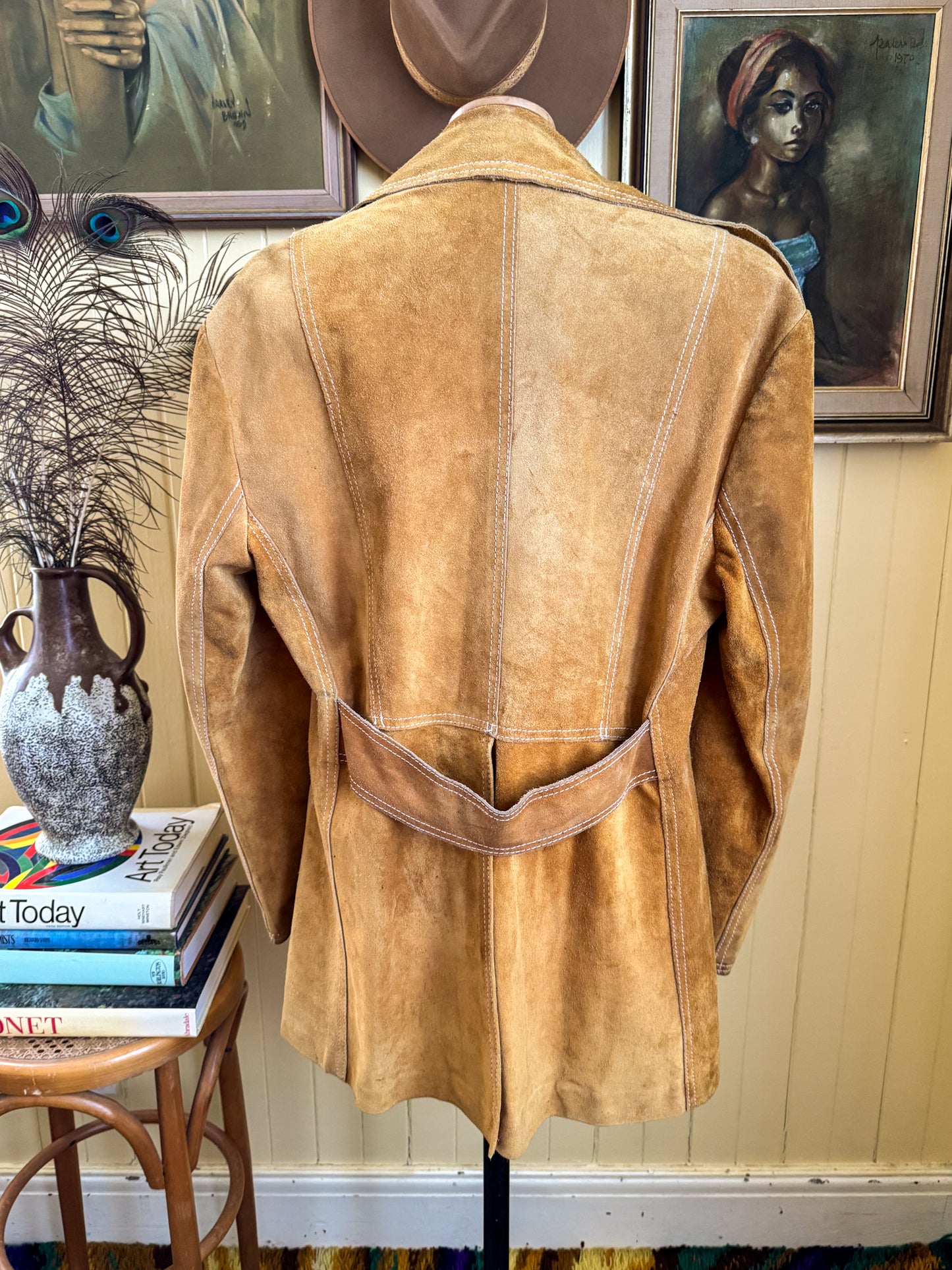 VINTAGE 1970S RAGE MUSTARD SUEDE LEATHER OVERSIZED COLLAR TAILORED JACKET L