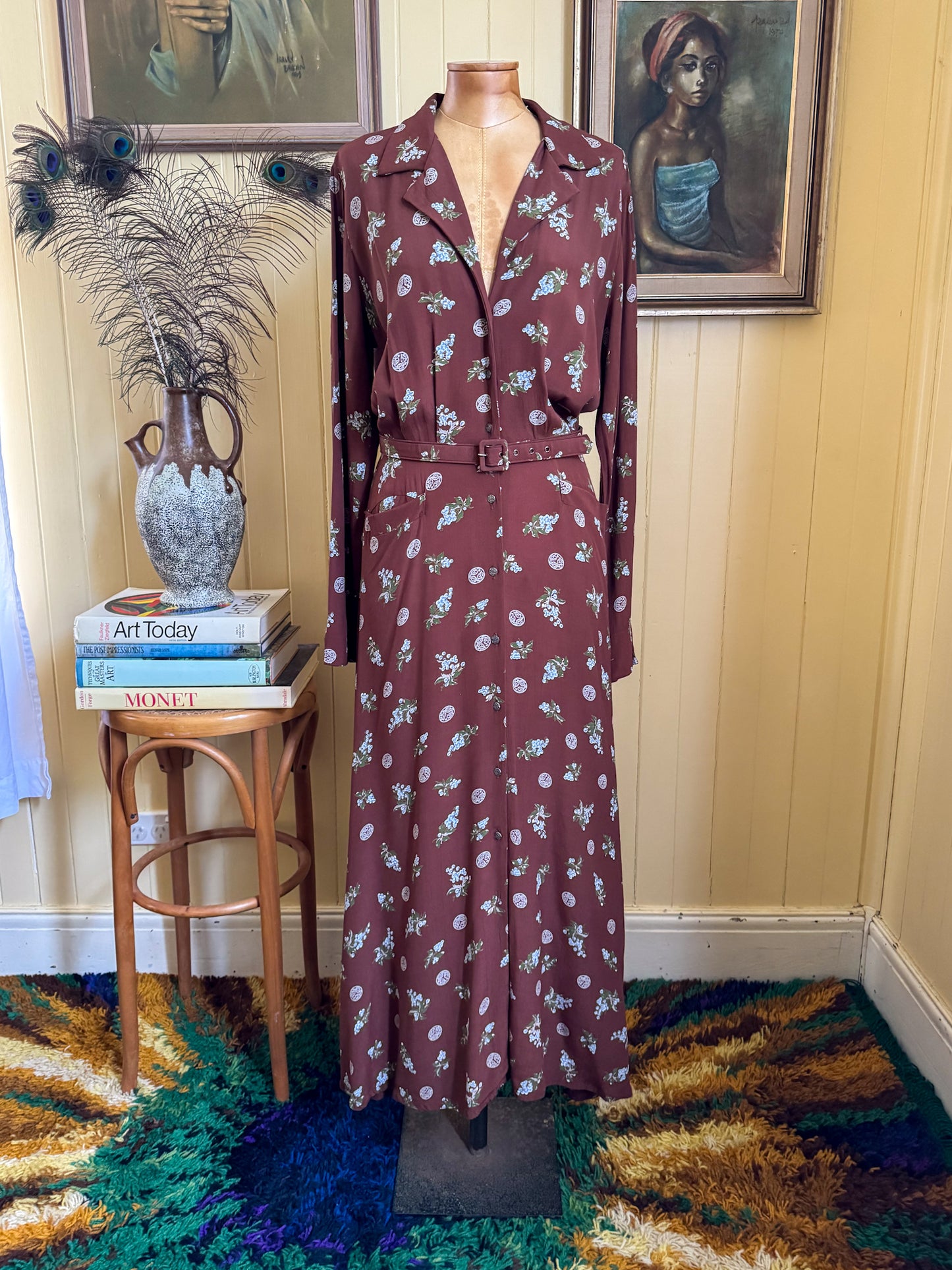 VINTAGE 1970S GAIL GARNER COLD RAYON FLORAL PRINT MAXI SHIRT DRESS M/L