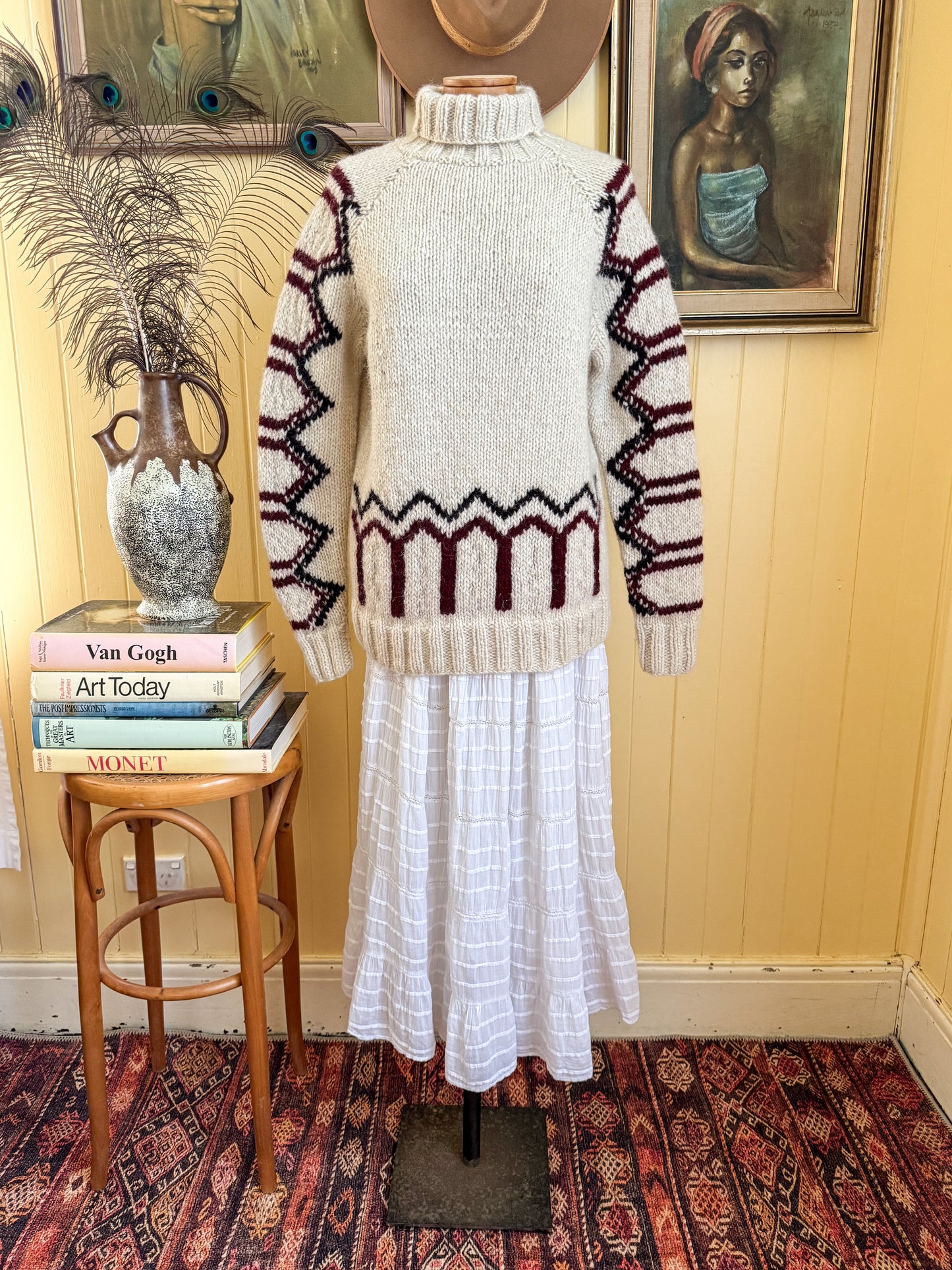 VINTAGE MALIKA INDIAN 100% WOOL MOTIF CHUNKY KNIT JUMPER S/M