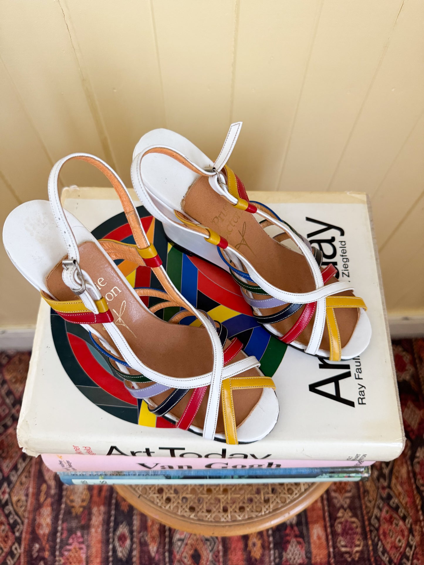 VINTAGE RARE PRUE ACTON RAINBOW LEATHER WEDGE HEELED SANDALS 6