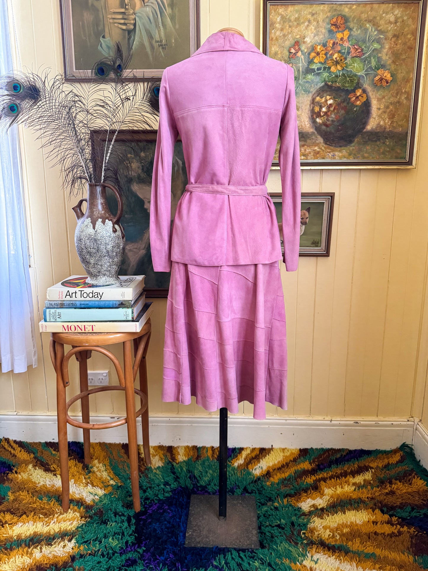 VINTAGE 1970S DRESKE SOMOFF PINK PATCHWORK SUEDE JACKET AND MIDI SKIRT SET XS