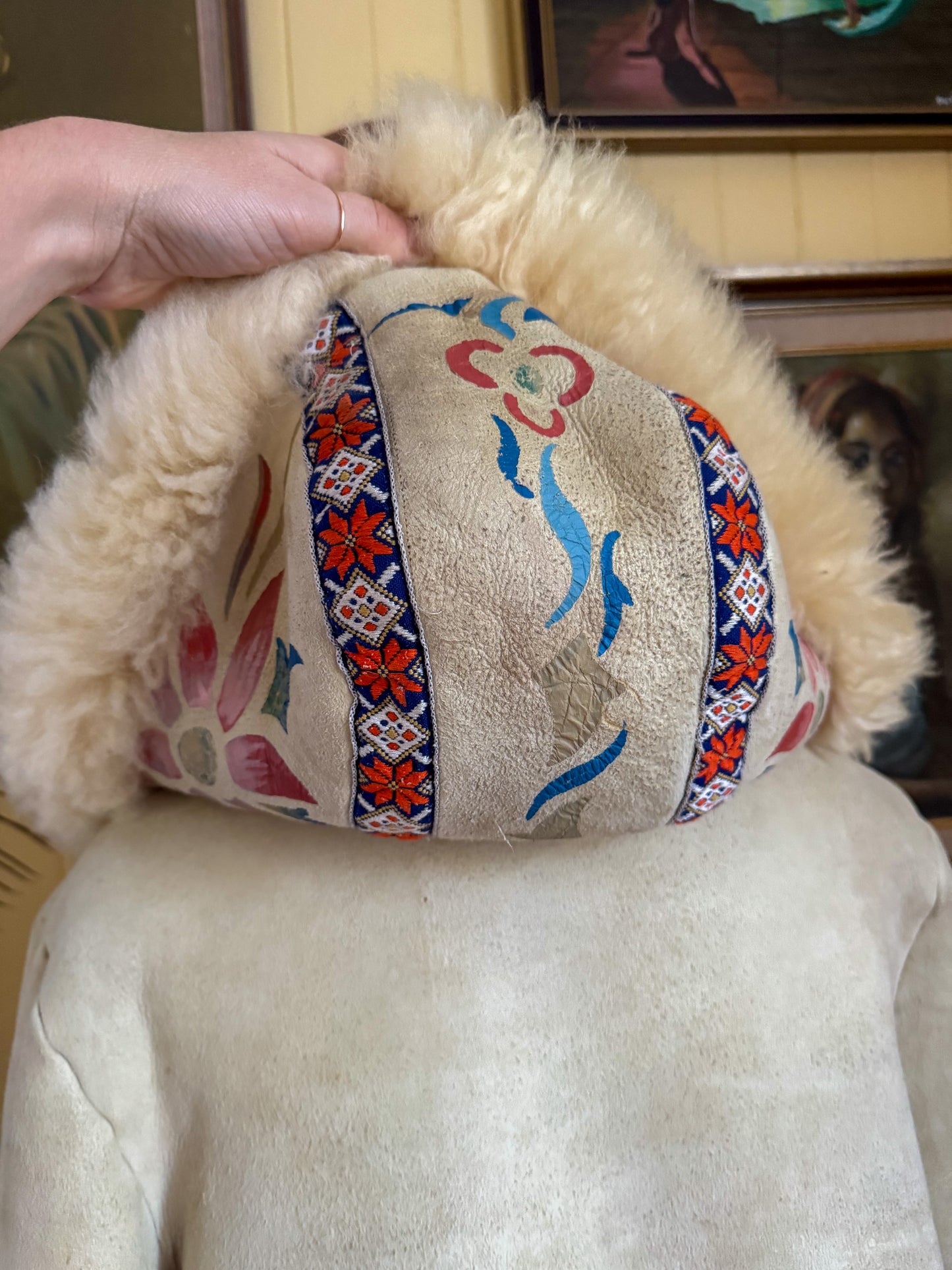 VINTAGE 1970S PENNY LANE SUEDE PAINTED SHEEPSKIN HOODED COAT M